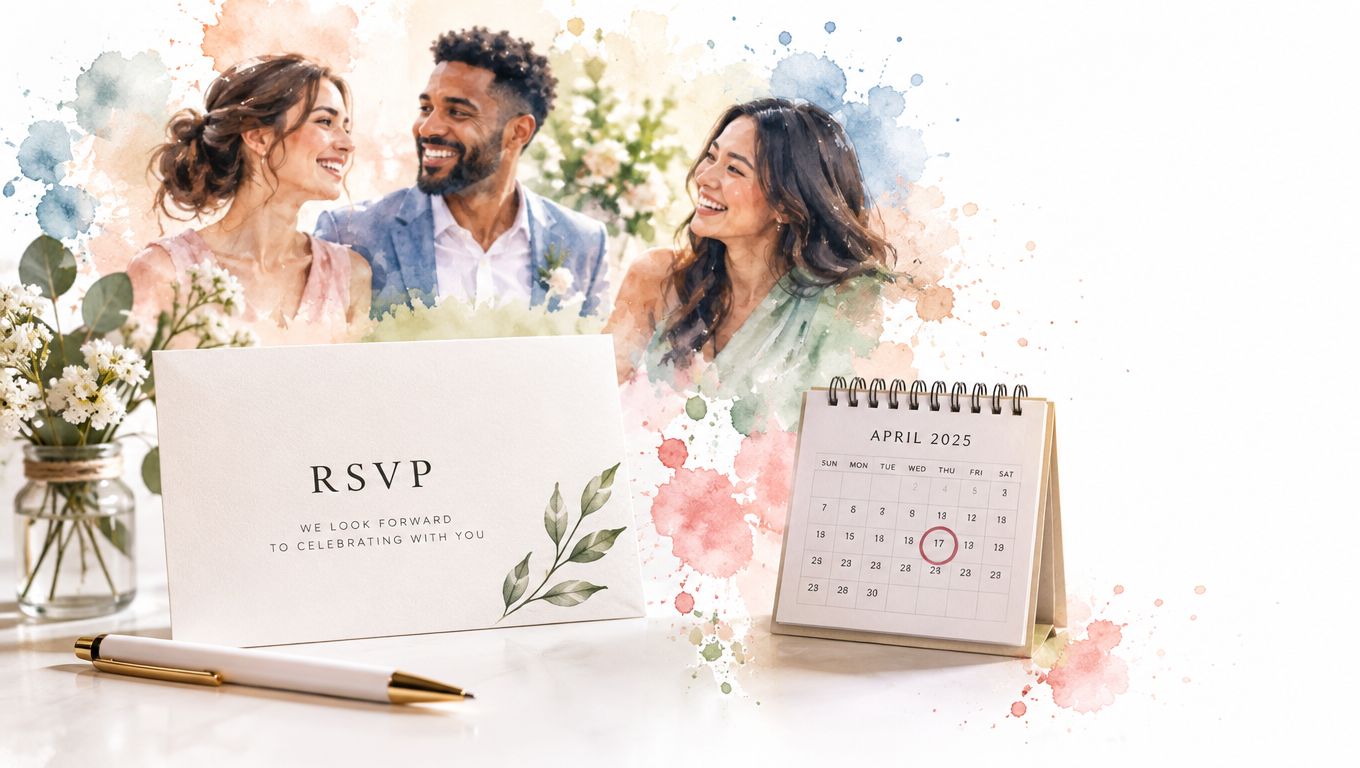 An elegant wedding invitation with an RSVP card and a calendar marked for April 2025.