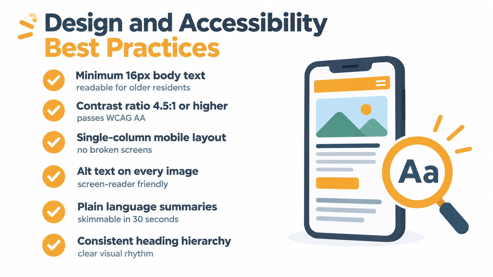 An infographic detailing six essential design and accessibility best practices for creating inclusive, readable digital content.