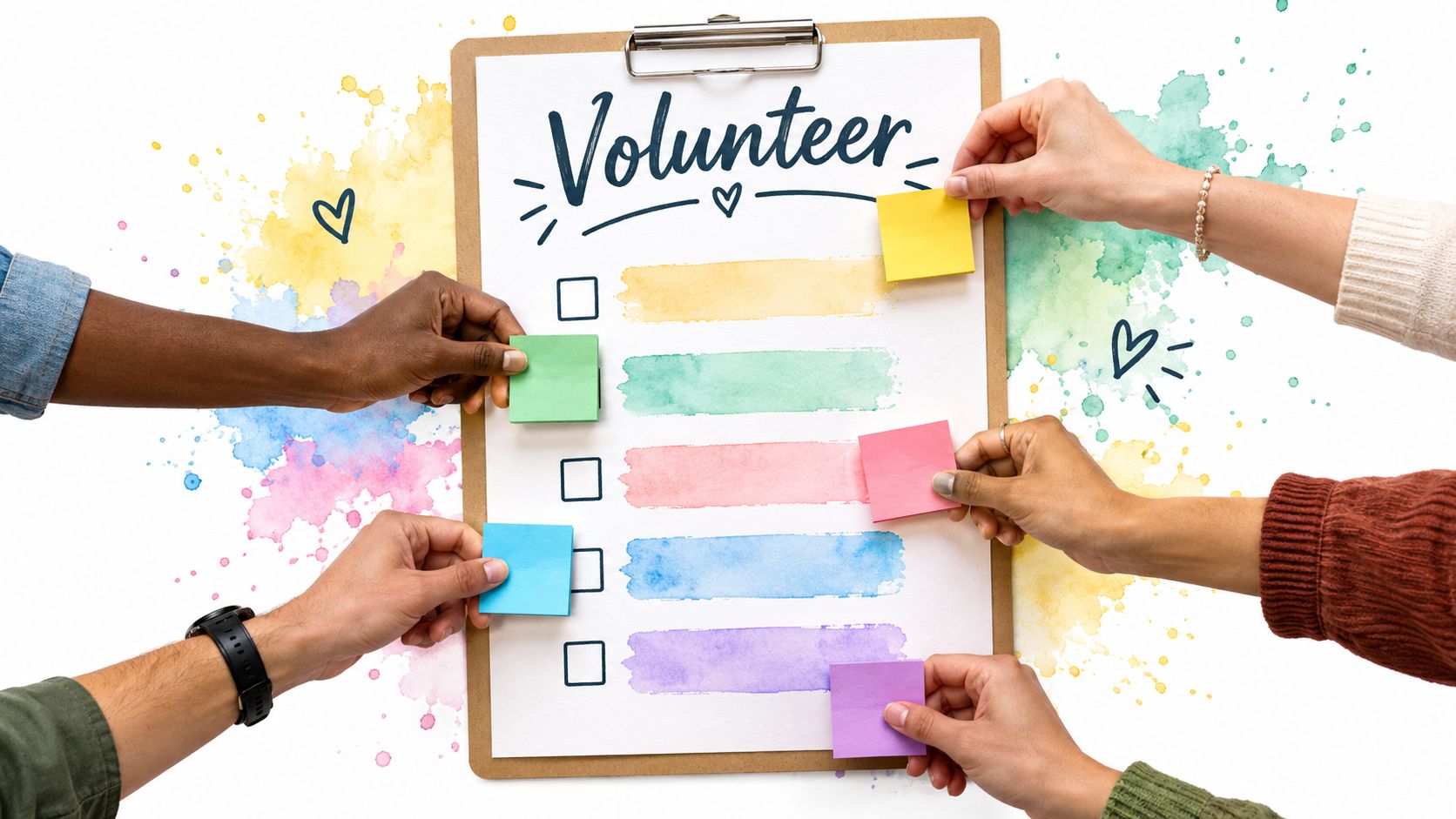 Multiple diverse hands placing colorful sticky notes on a clipboard with the word Volunteer written on it.