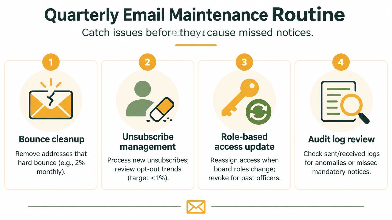 An infographic detailing a four-step quarterly email maintenance routine to ensure effective communication and catch delivery issues.
