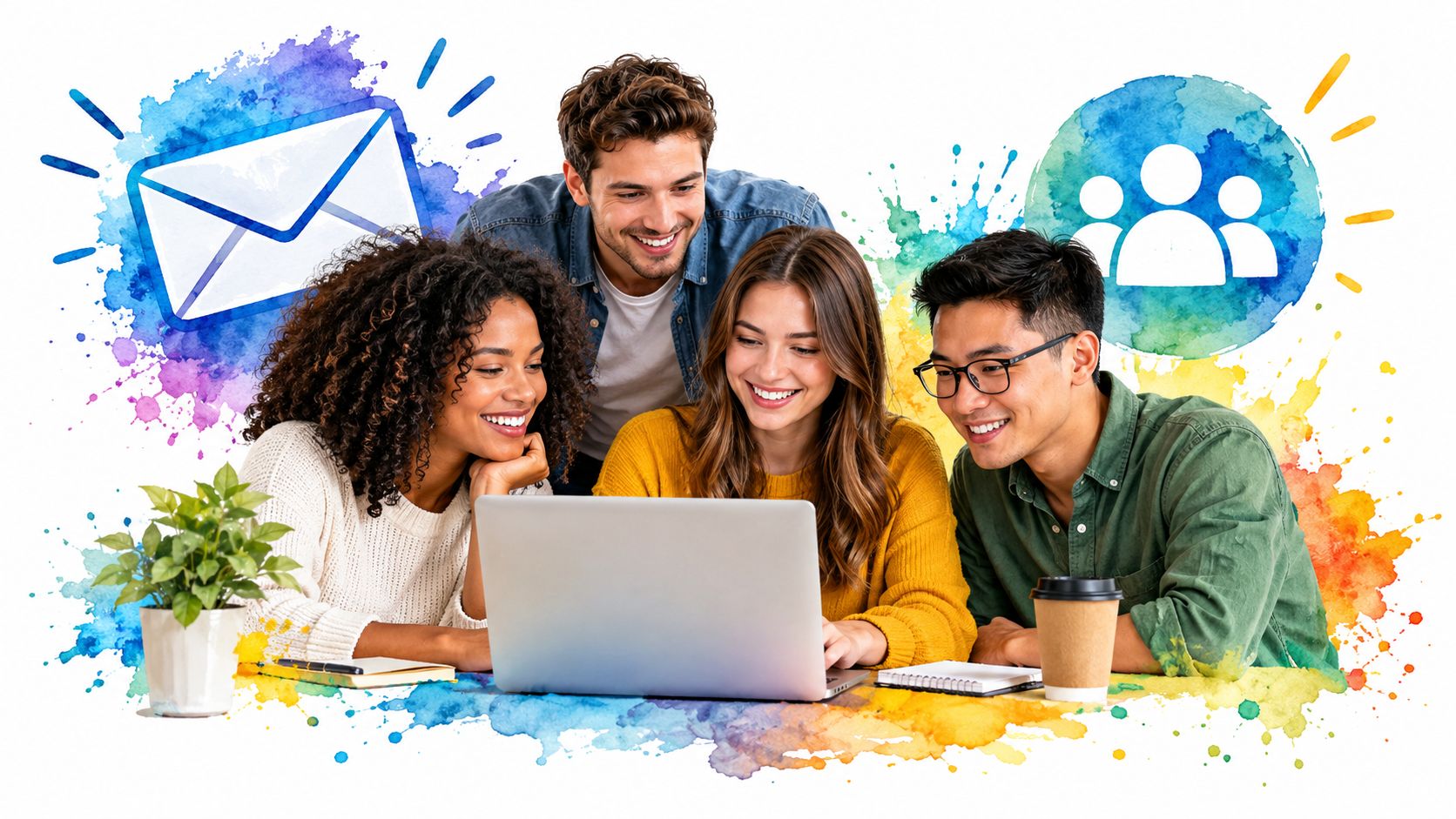 A diverse team of four colleagues collaborating on a project while looking at a laptop computer together.