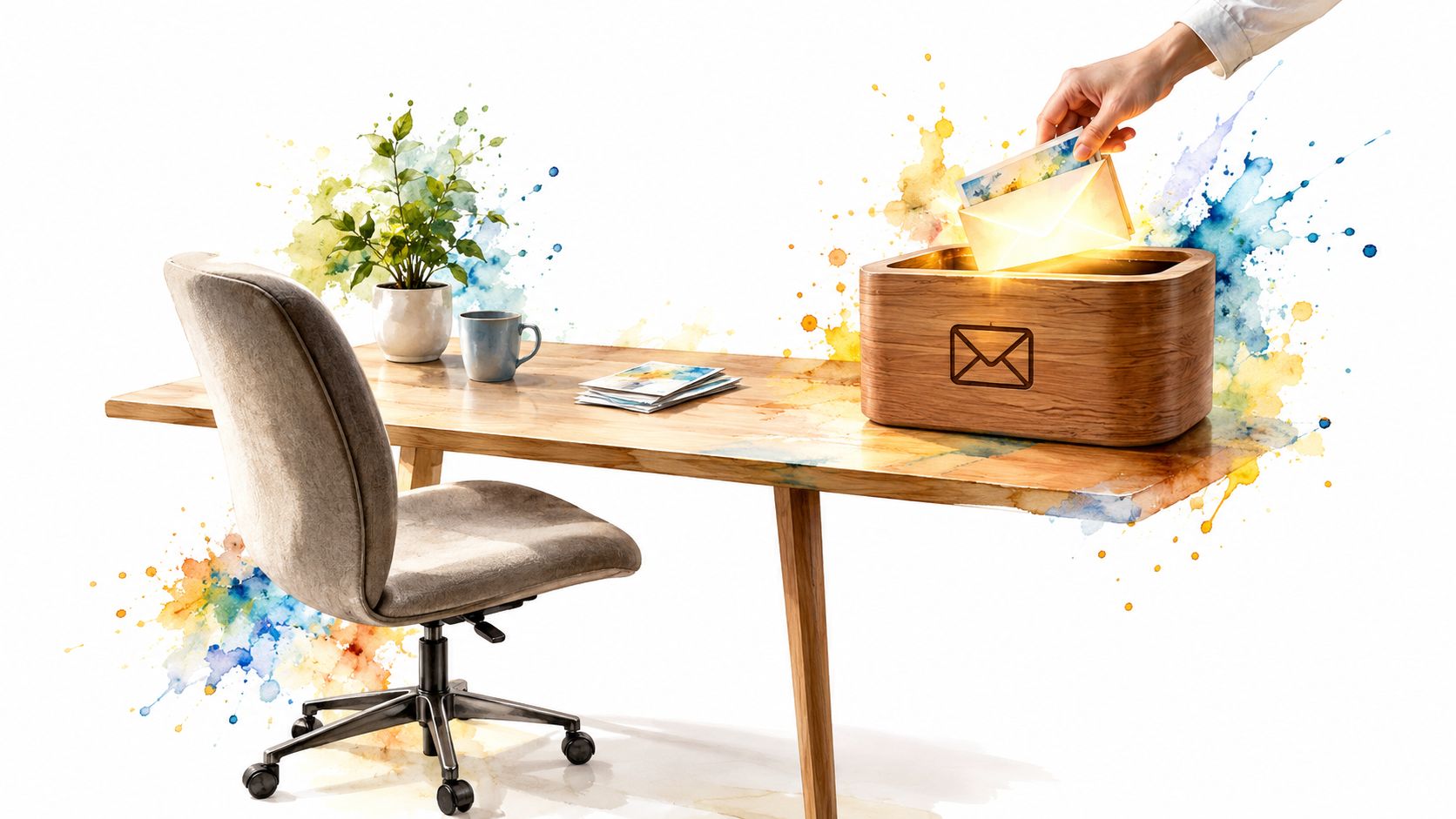 A hand placing a glowing envelope into a wooden mailbox on a modern office desk.