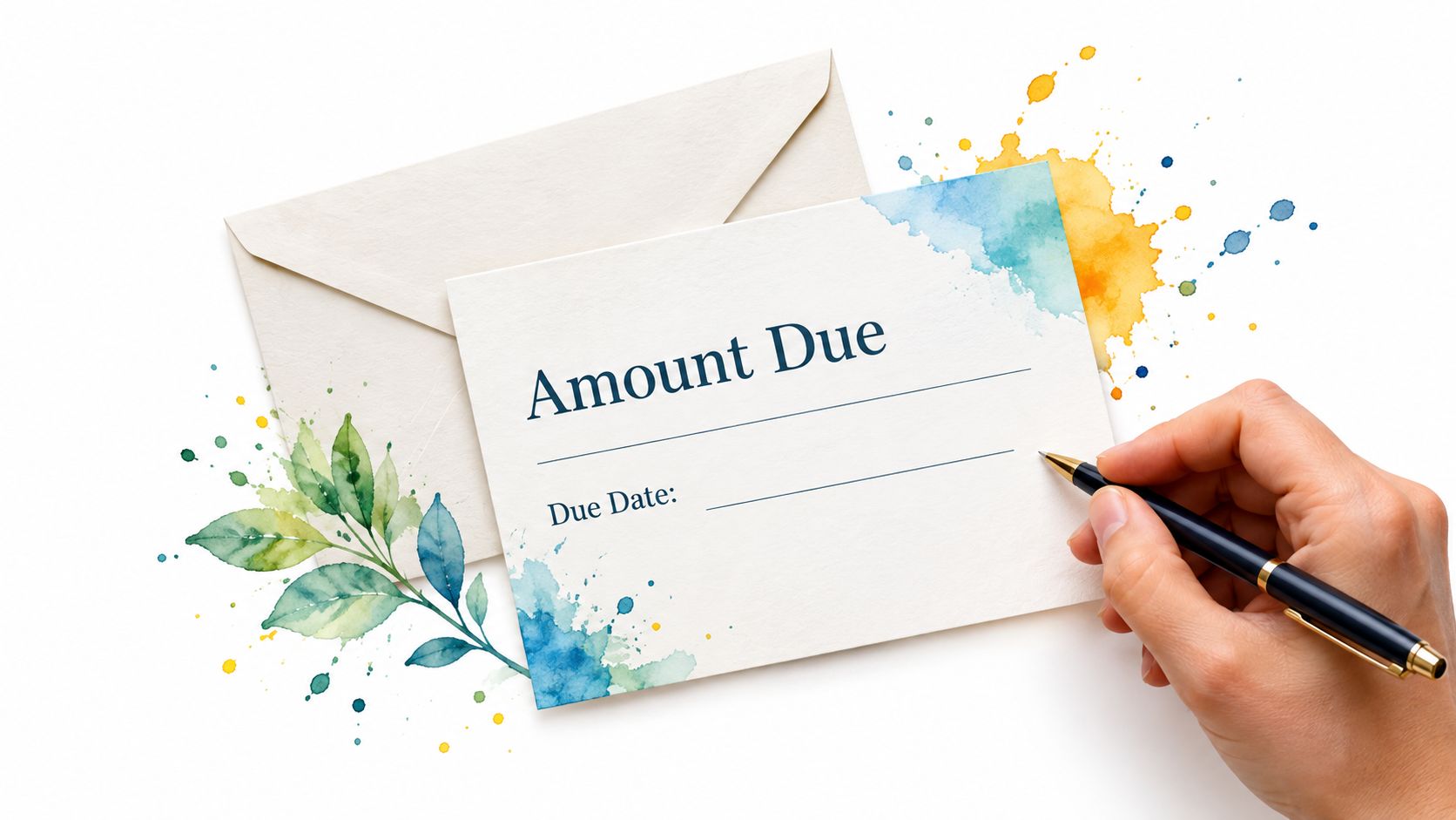 A hand writes on a card labeled Amount Due next to an envelope decorated with watercolor leaves.