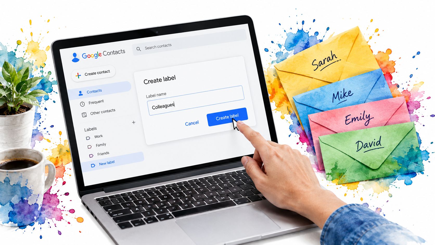 A hand using a laptop to create a label named Colleagues in Google Contacts for email organization.