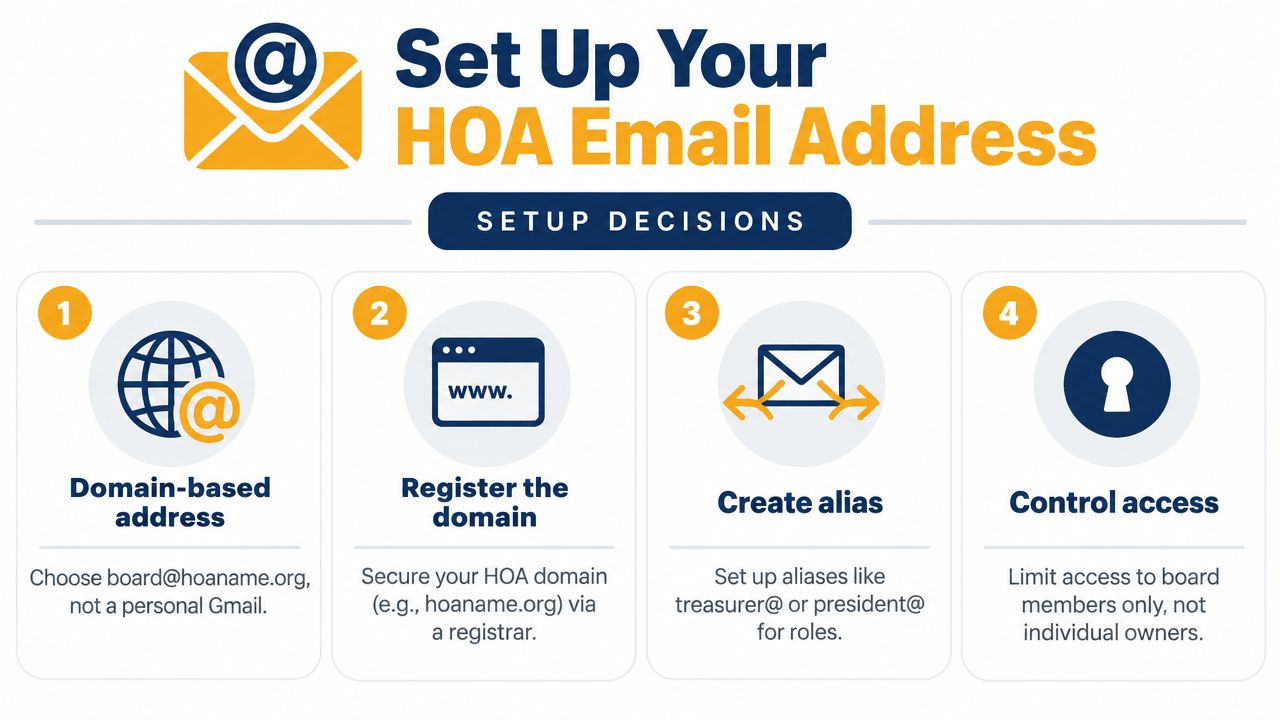 An infographic outlining four key steps to setting up a professional email address for an HOA.