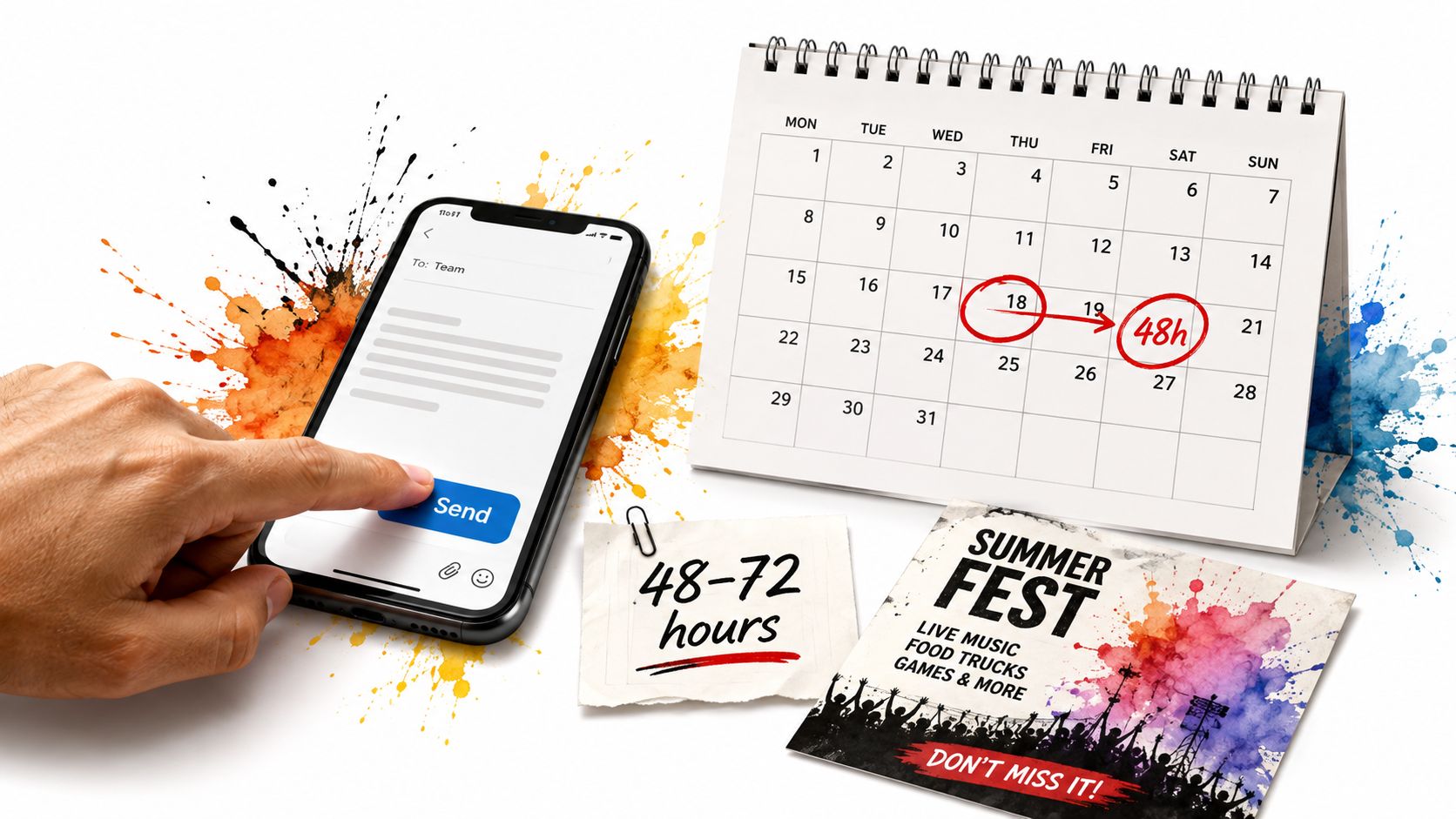 A hand pressing send on a mobile phone next to a calendar with a forty-eight hour deadline.