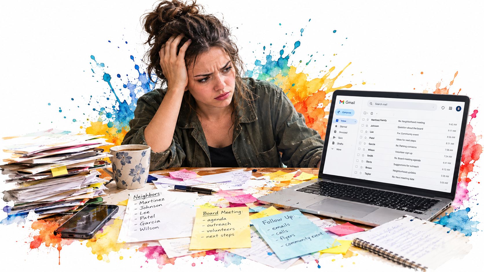 A stressed woman sitting at a cluttered desk working on her laptop and organizing community outreach tasks.