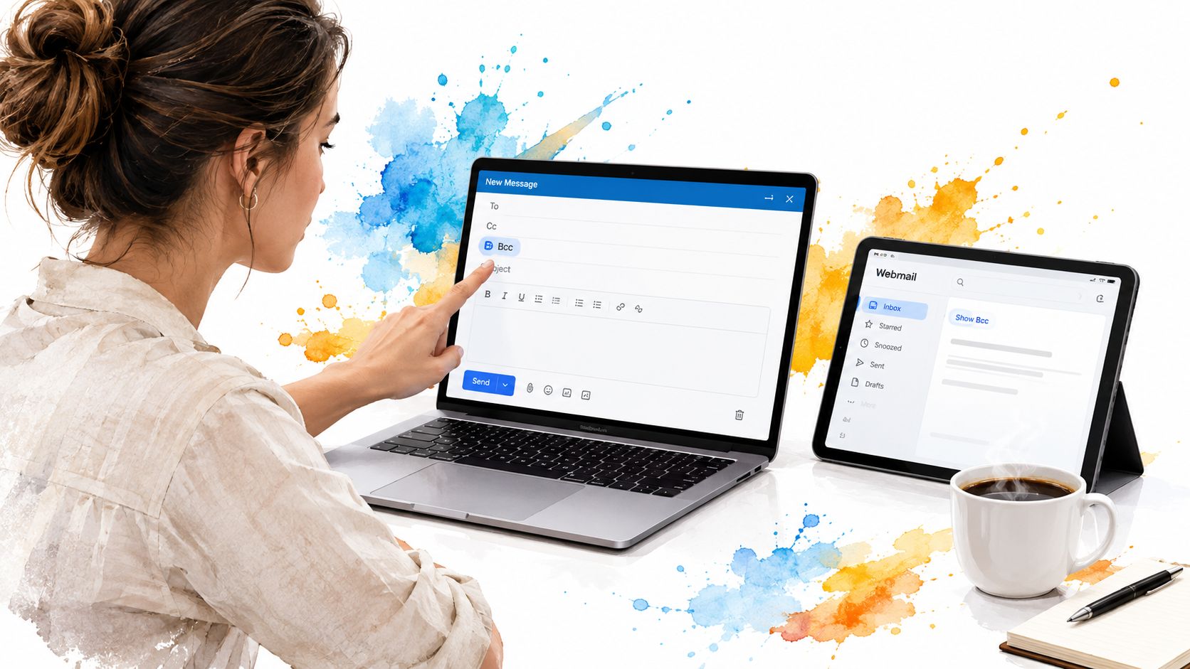 A woman interacting with a laptop displaying an email interface while working in a creative workspace.