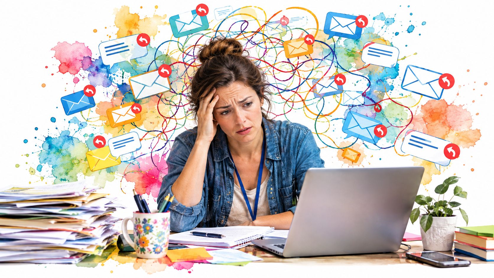 A stressed woman sitting at a desk surrounded by a whirlwind of chaotic digital email icons.
