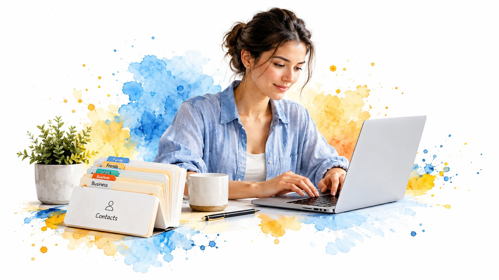 A woman working on a laptop at a desk with organized contact cards and watercolor accents.