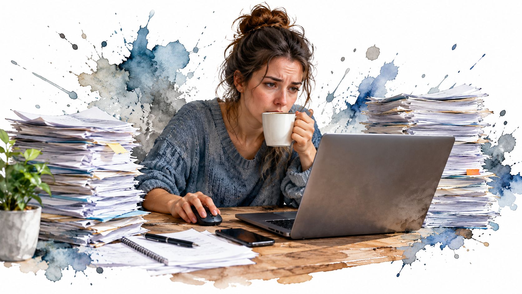A stressed woman working at a messy desk with a laptop, coffee, and large stacks of paperwork.