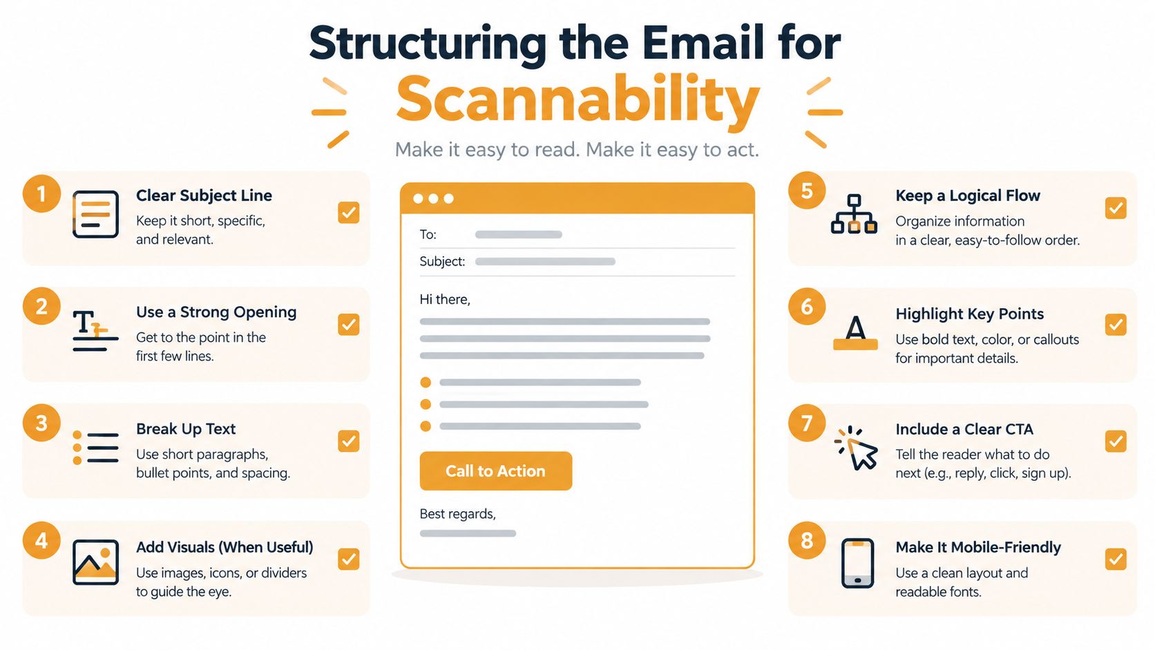 An infographic titled Structuring the Email for Scannability, listing eight tips for writing easy-to-read, effective email newsletters.