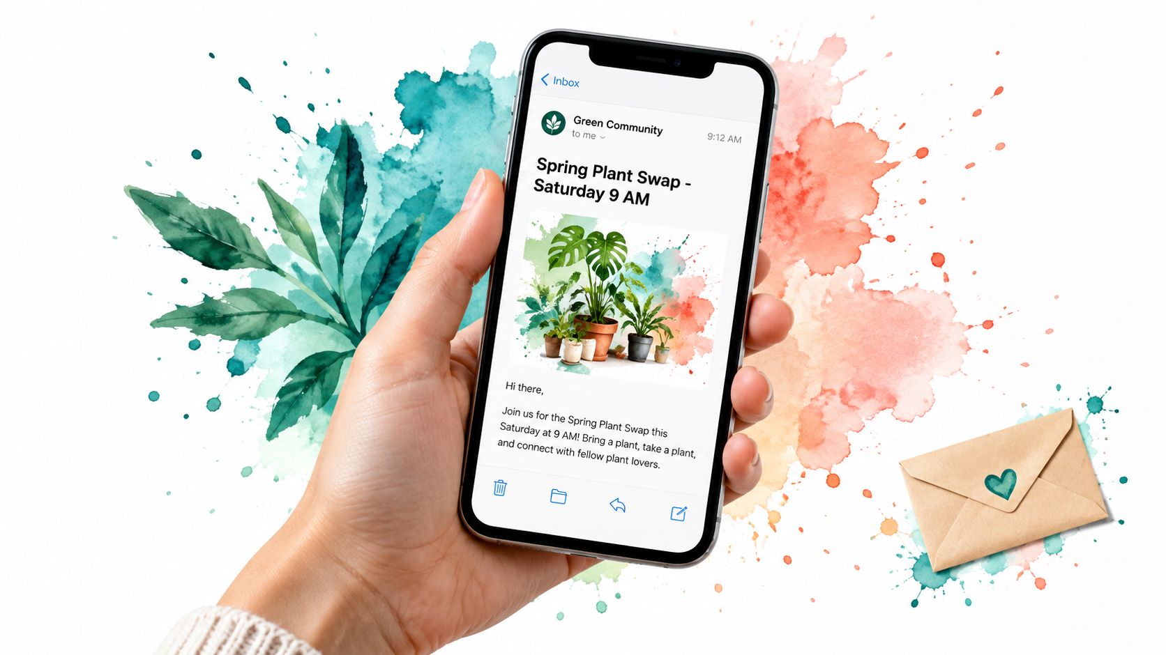 A hand holding a smartphone displaying an email invitation for a community spring plant swap event.