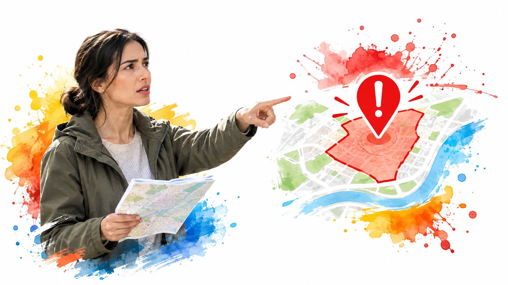 A confused woman holding a map while pointing towards a highlighted city area with an exclamation mark pin.