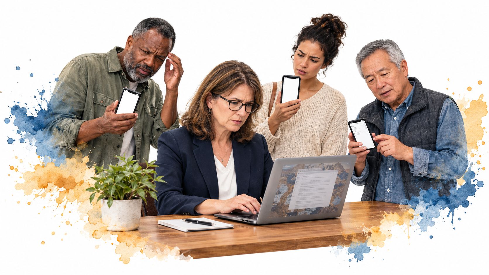 A group of diverse adults appearing frustrated and confused while looking at their mobile devices and laptop.