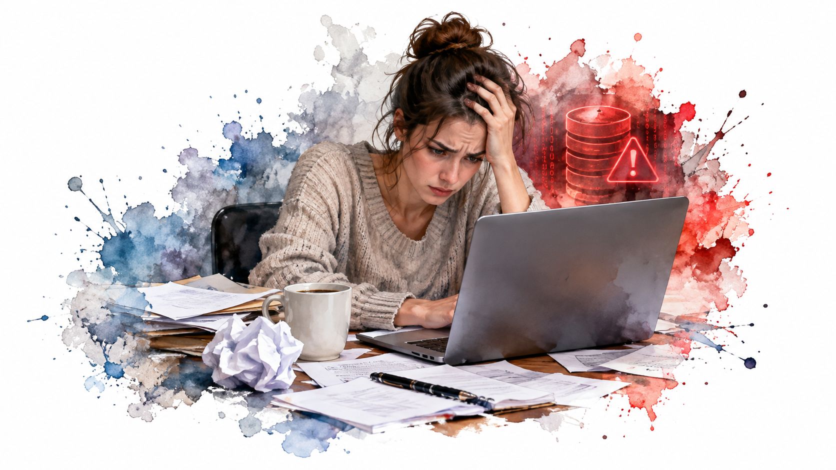 Stressed young woman working on her laptop with scattered documents, coffee, and a database error warning sign.