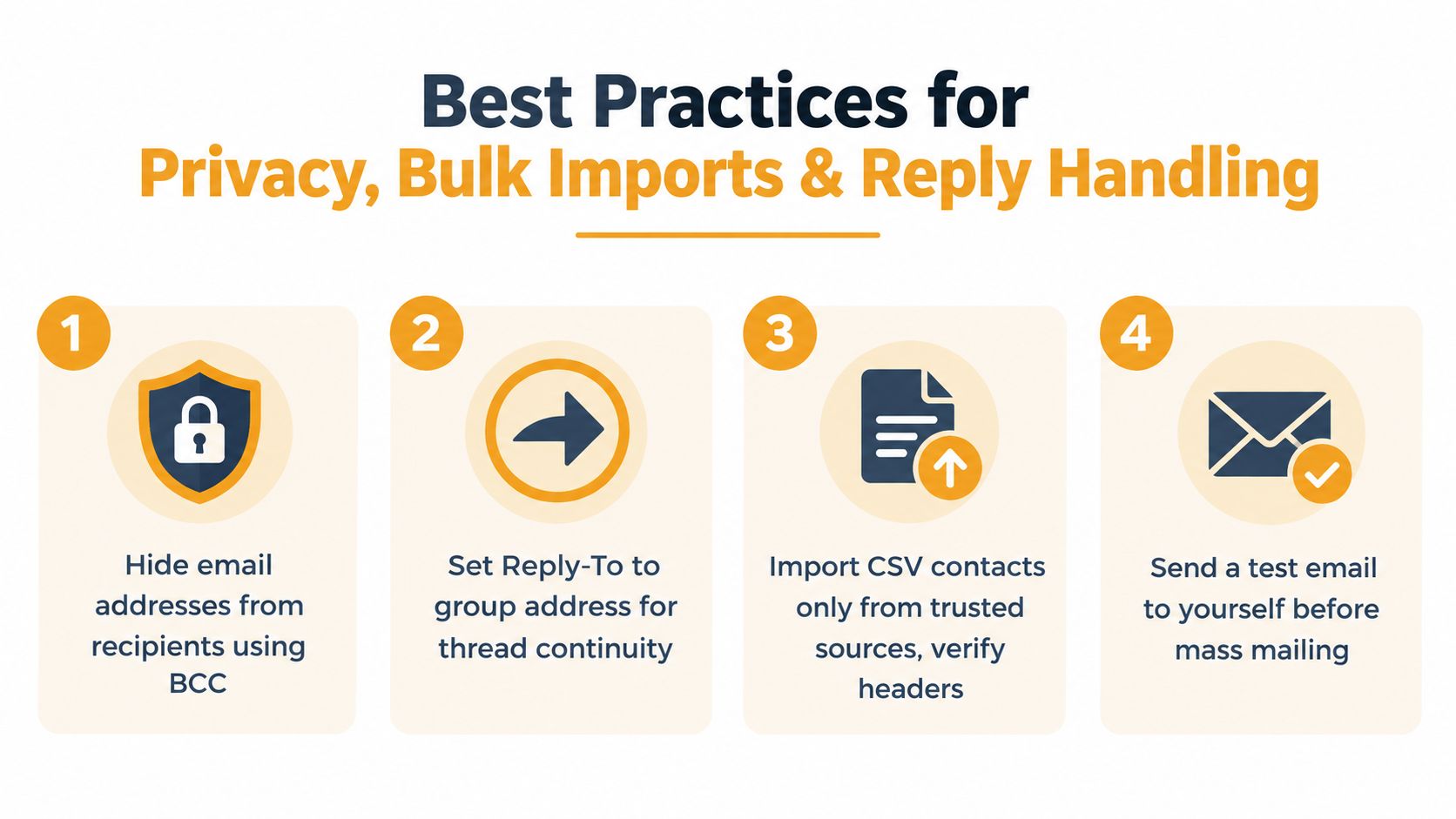 An infographic showing four best practices for email privacy, bulk imports, and managing reply handling.
