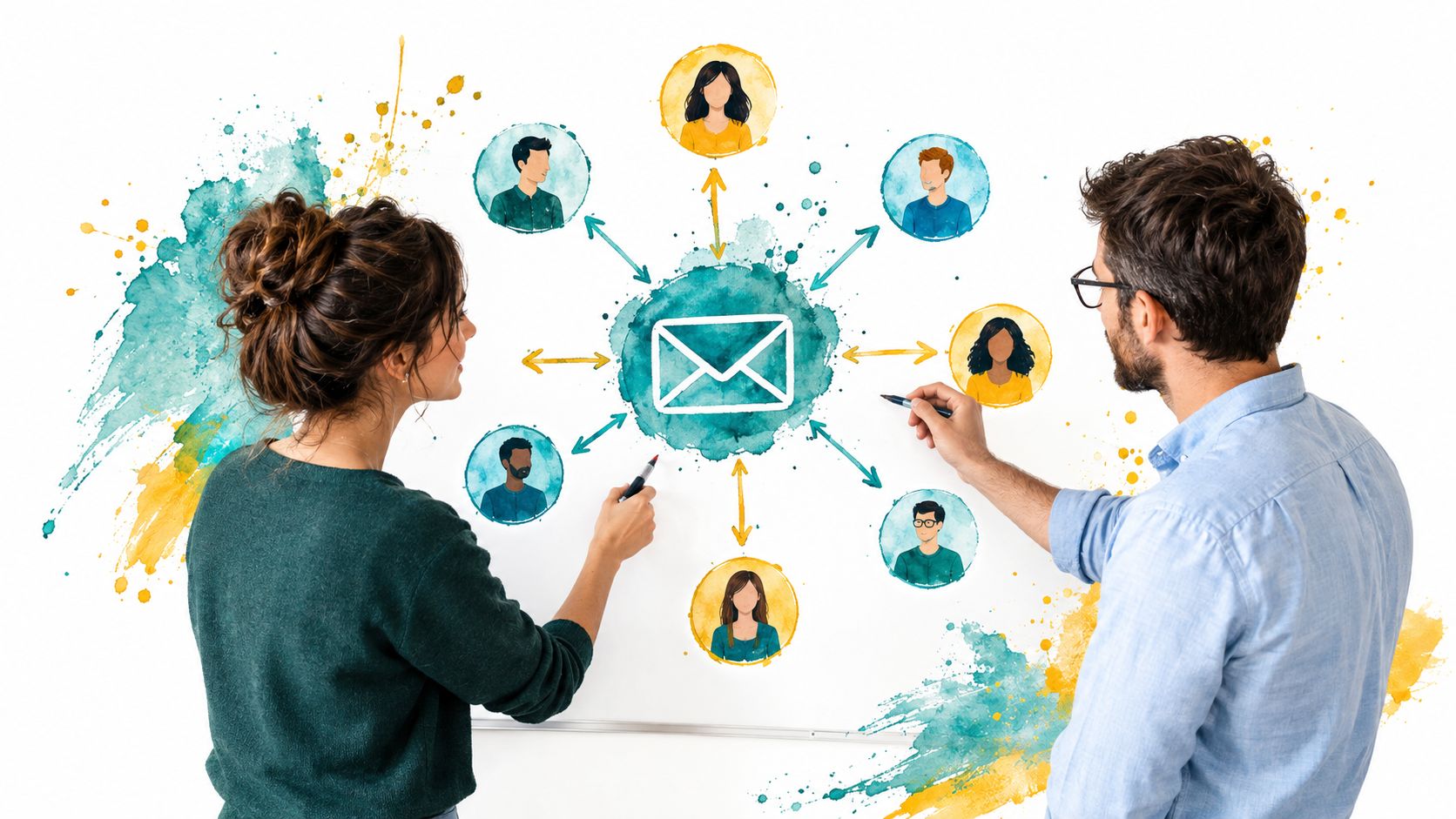 A man and a woman collaborate on a whiteboard, sketching a network diagram around an email icon.
