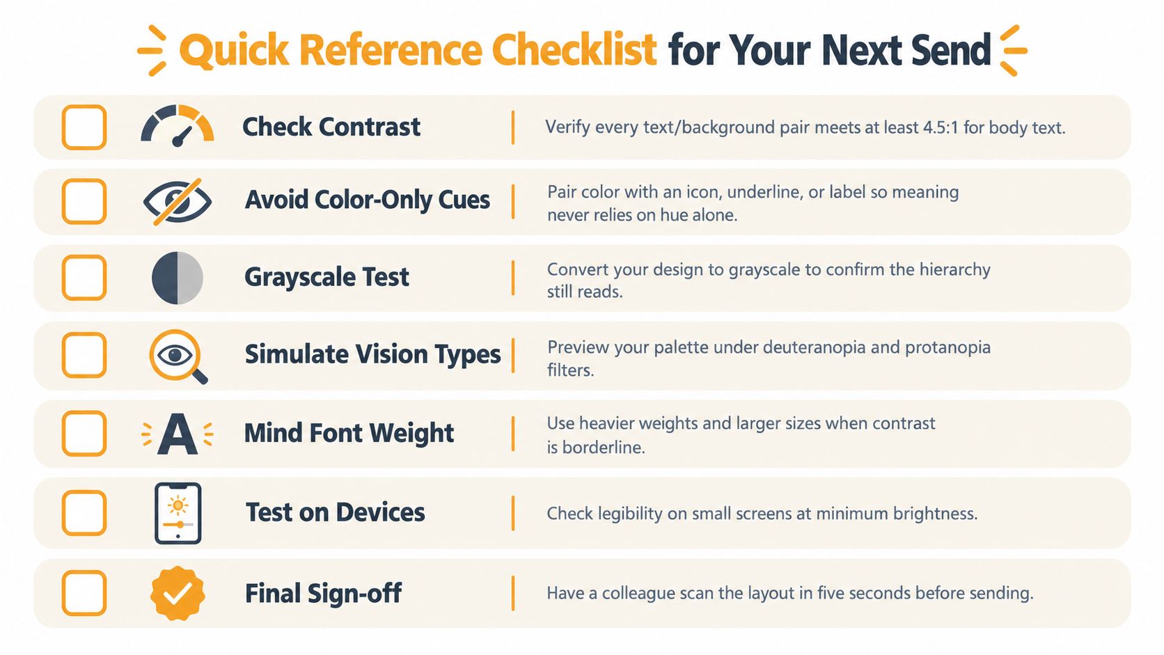 A quick reference checklist graphic for ensuring accessibility and high contrast colors in digital designs.
