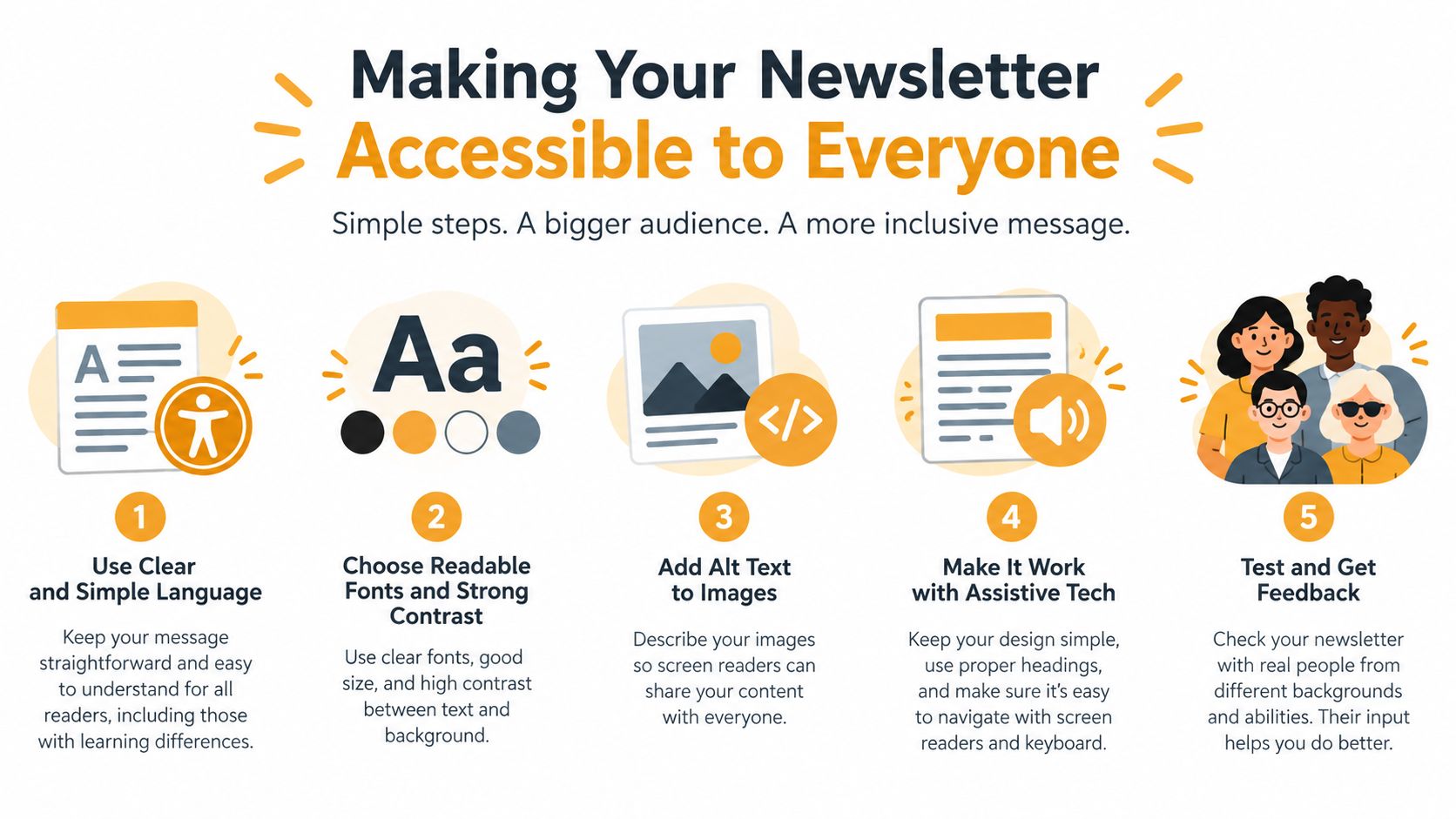 An infographic titled Making Your Newsletter Accessible to Everyone with five numbered tips on creating inclusive content.