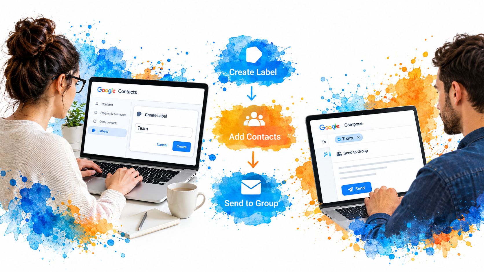 A woman and man using laptops to organize Google Contacts into groups for efficient group email communication.