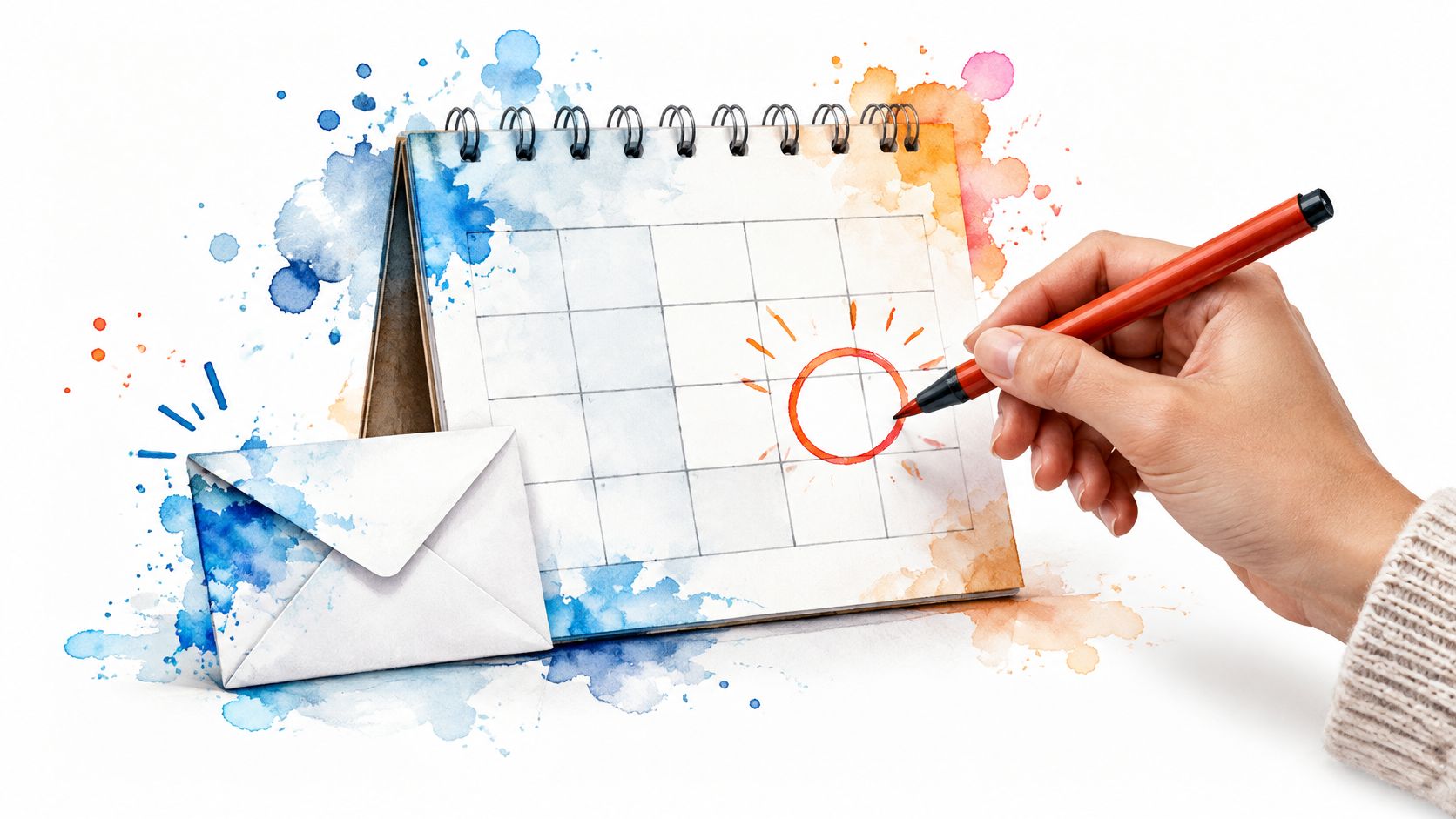 A hand drawing a red sun on a desk calendar next to an envelope with watercolor splashes.