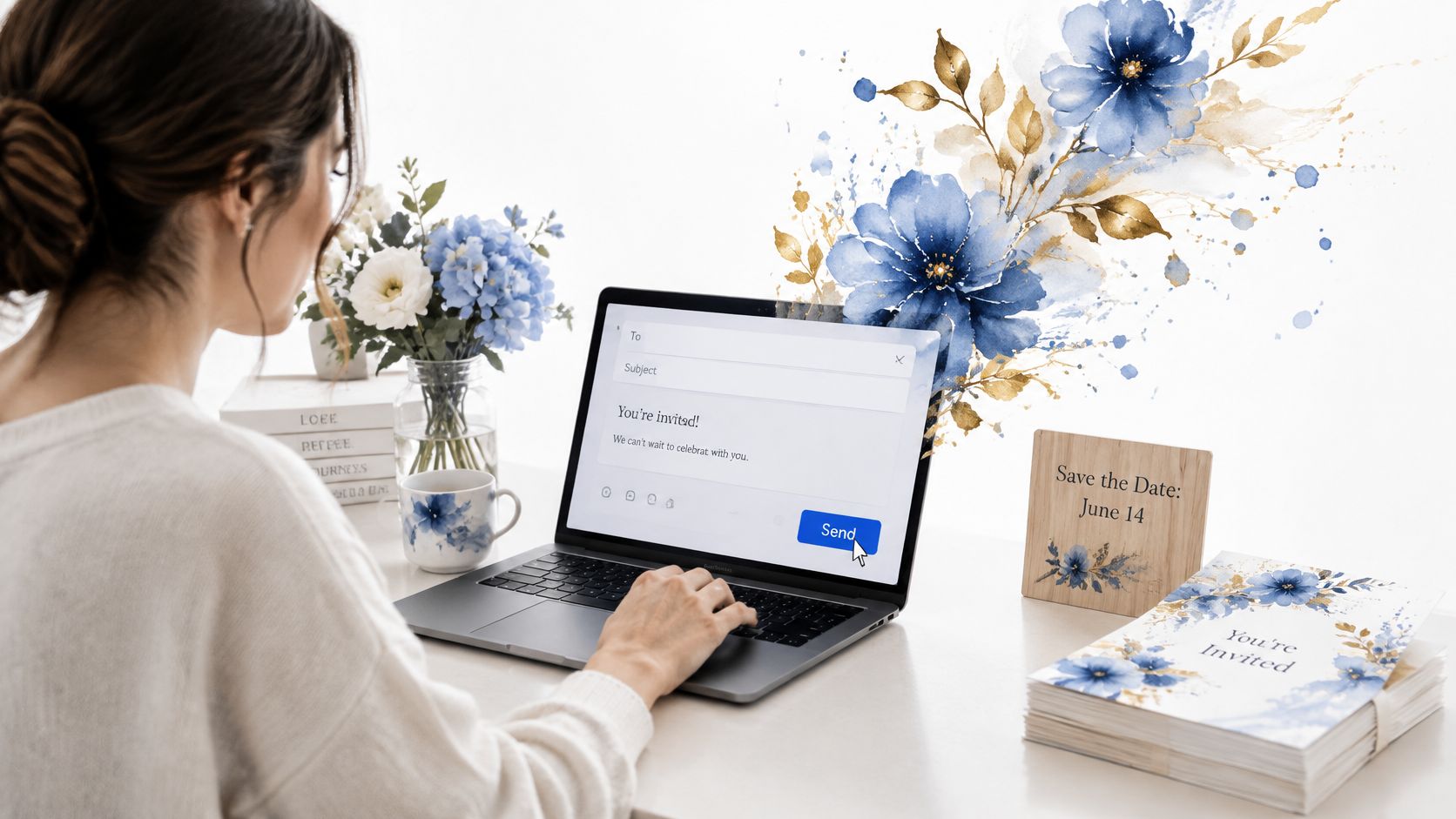 A woman working on a laptop at a desk while sending out floral-themed wedding event invitations.