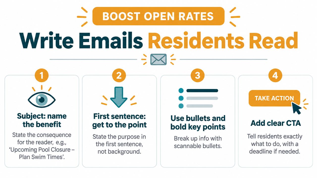 An infographic titled Write Emails Residents Read showing four numbered tips for improving property management email communication.