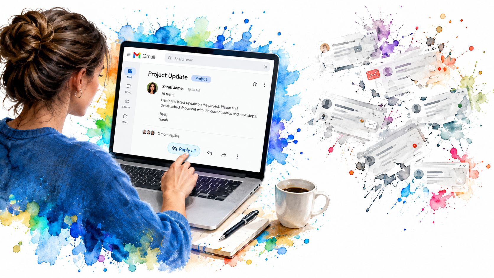 A professional woman working on a laptop, composing a group email within the Gmail interface.