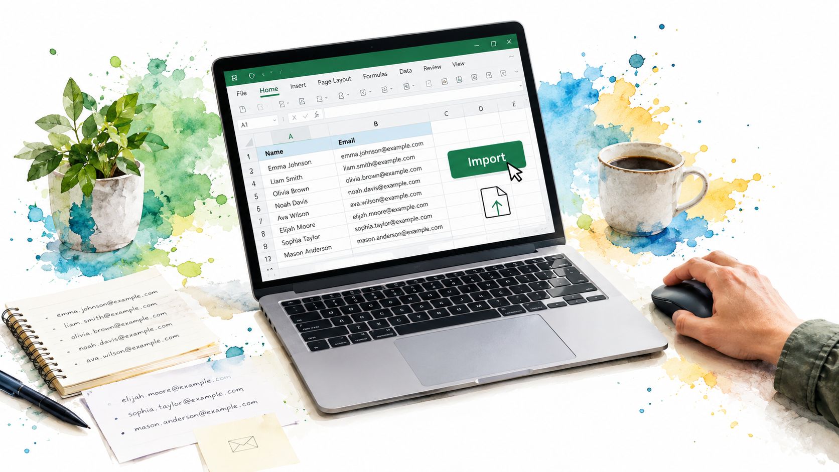 A person using a laptop to import an email list into a spreadsheet document for business organization.