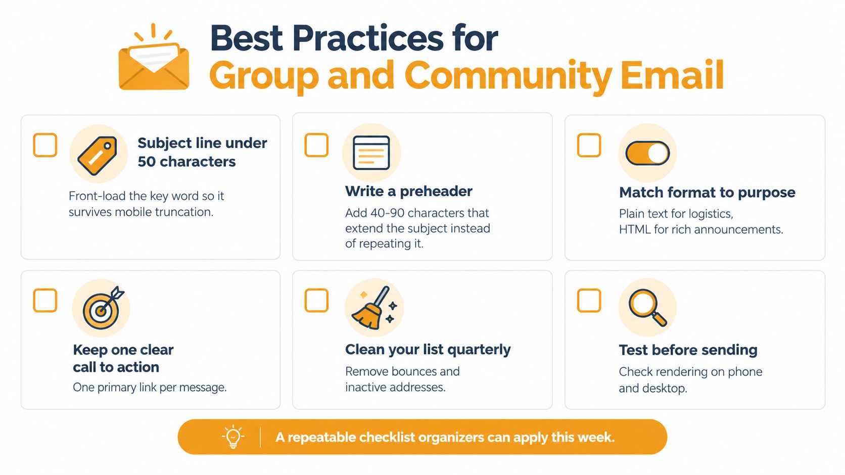 An infographic titled Best Practices for Group and Community Email, outlining six key strategies for effective email communication.