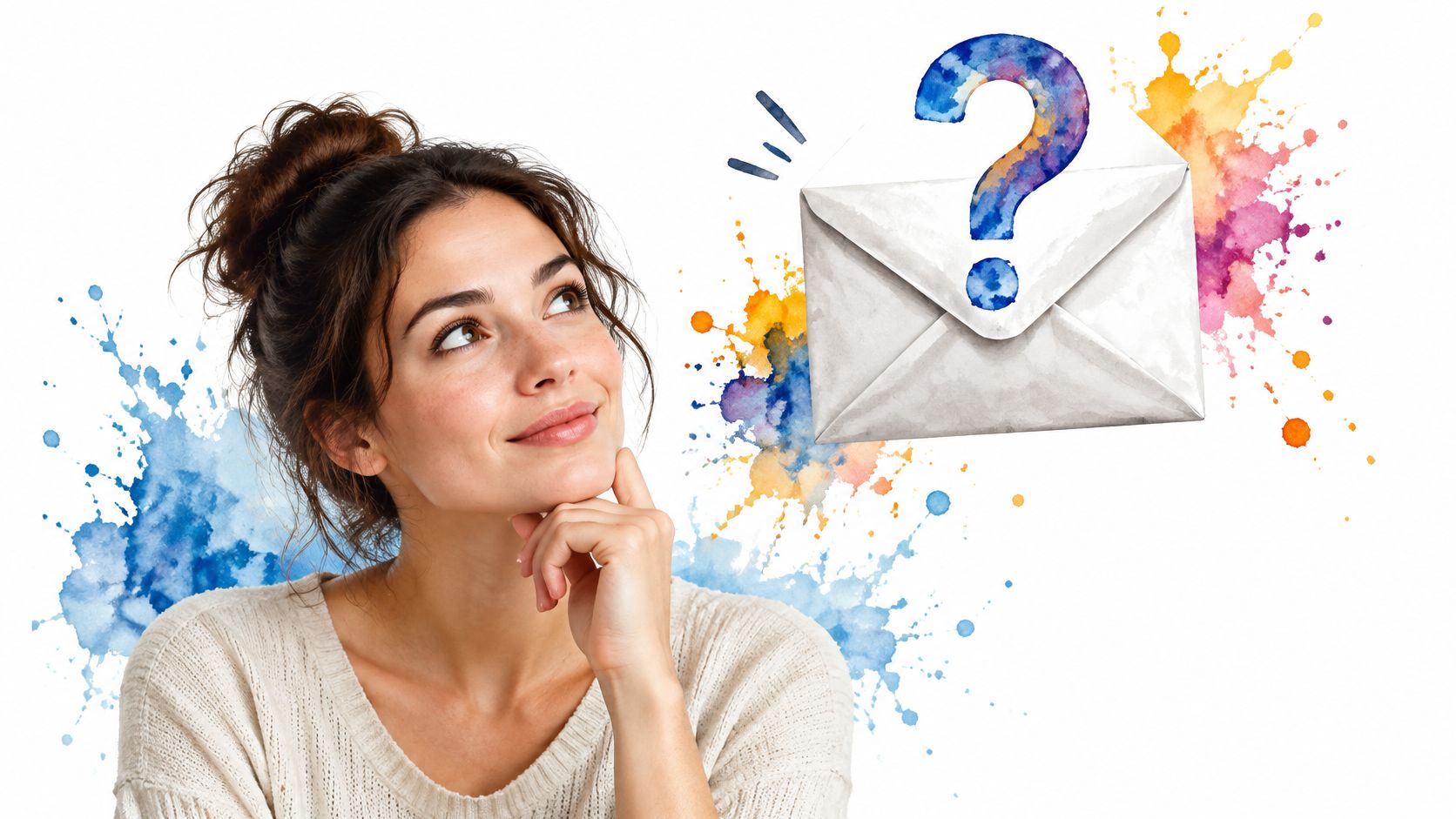 A young woman thoughtfully looking at a floating email envelope icon with a colorful watercolor question mark.