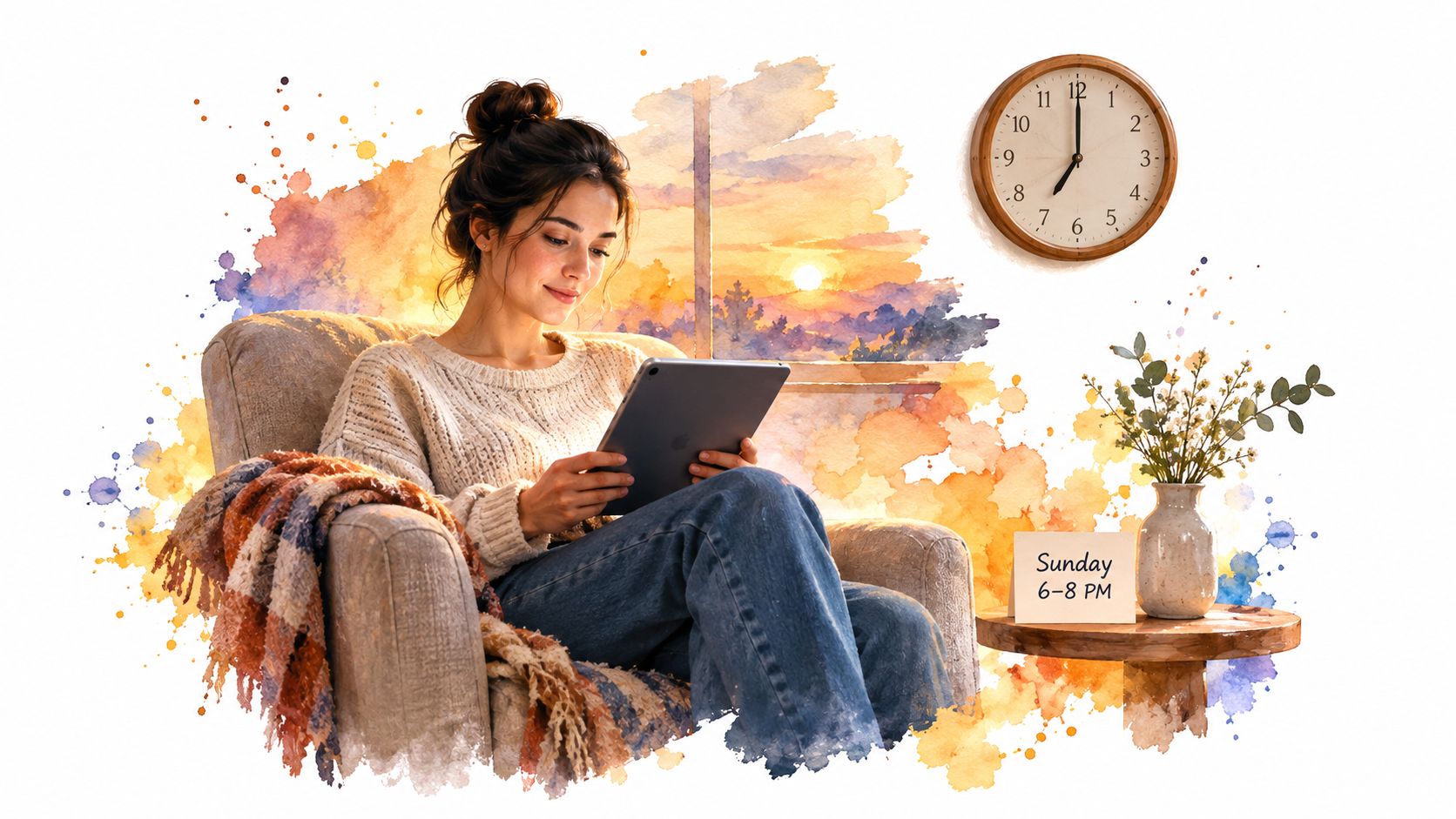A woman relaxes in an armchair with a tablet at sunset, symbolizing the best time to send email.