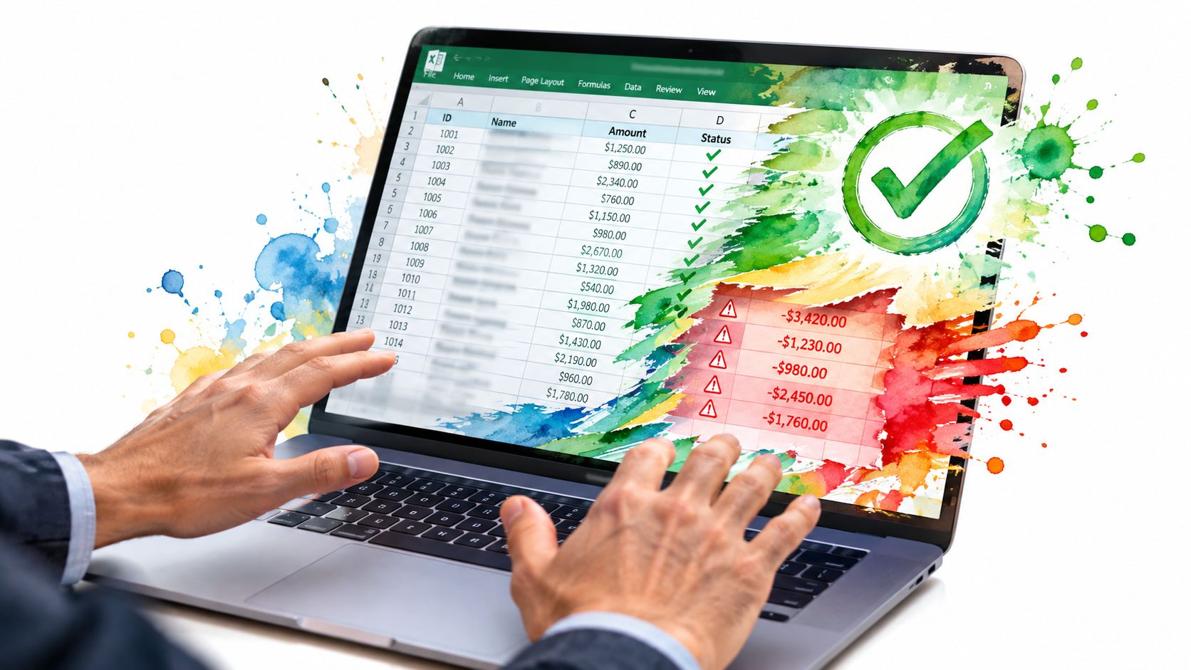A professional using a laptop displaying an Excel spreadsheet with success checkmarks and error warning icons.