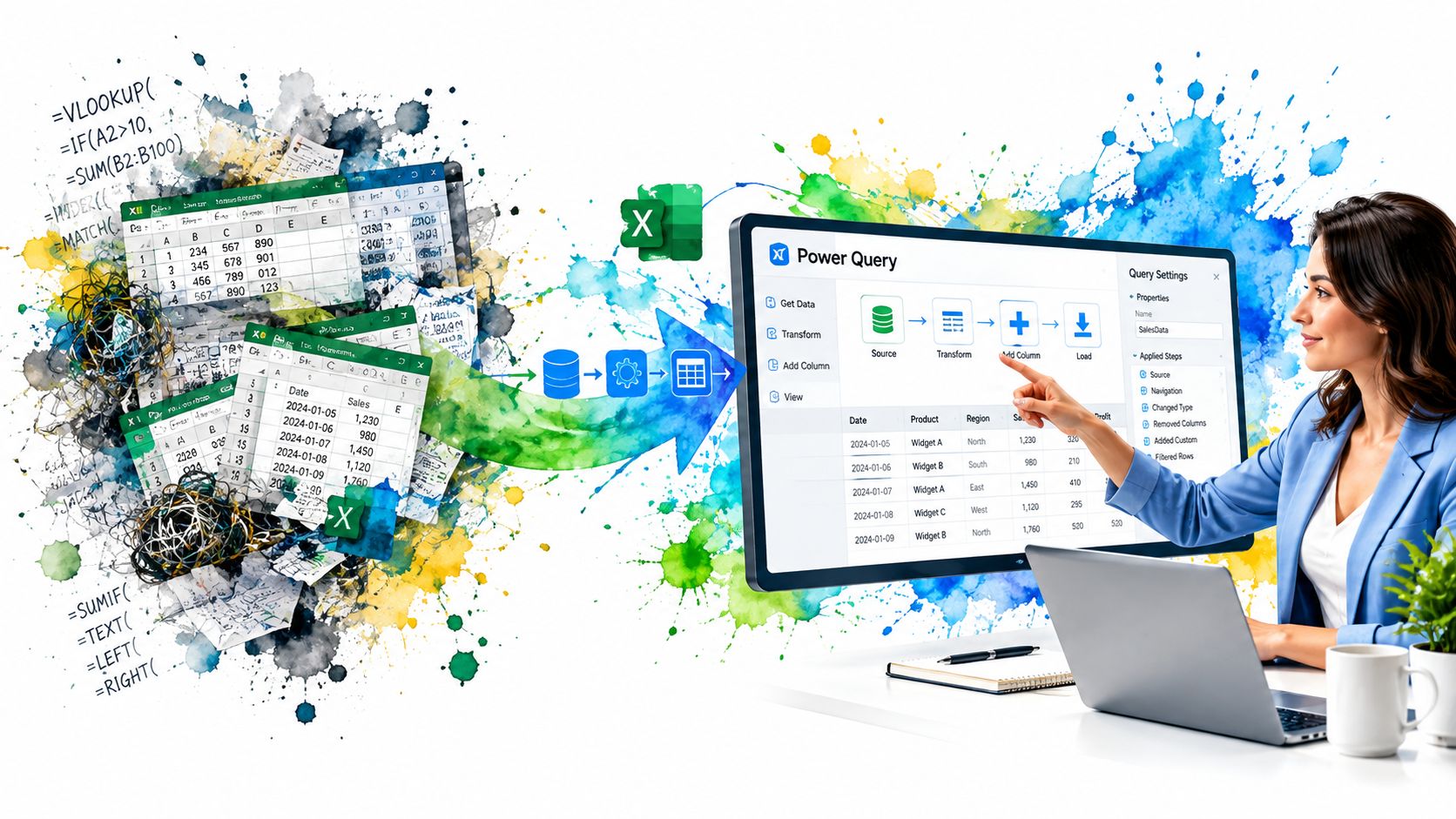 A professional woman uses Power Query to transform chaotic spreadsheet data into organized business insights.