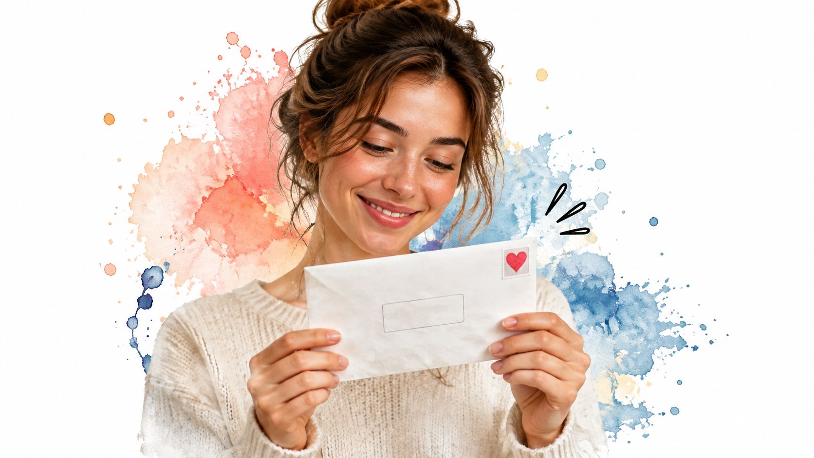 A young woman smiling happily while reading a heartfelt handwritten letter against a watercolor background.
