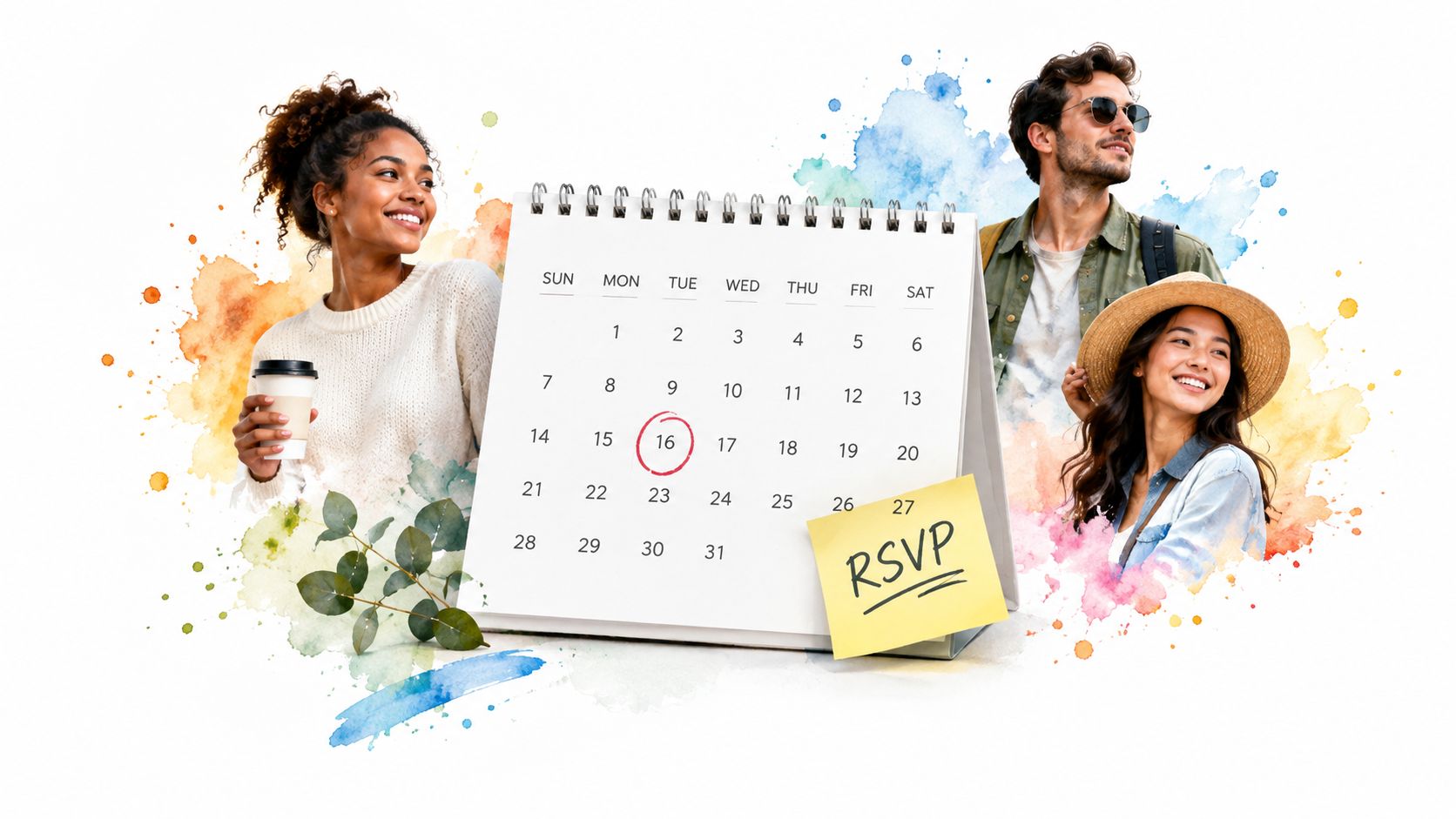 A calendar showing the 16th circled with an RSVP note, surrounded by people and artistic watercolor splashes.