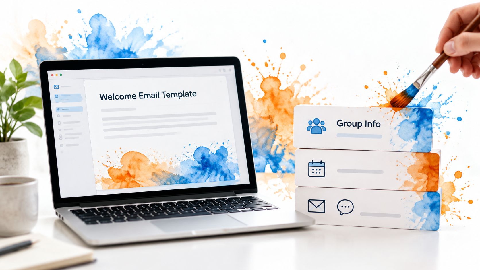 A digital artist paints a welcome email template concept for new member onboarding on a modern desk.