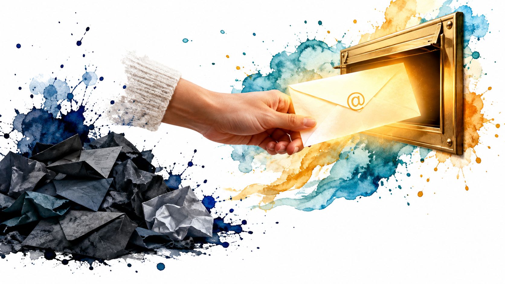 A hand placing an envelope with an at symbol into a golden mailbox, surrounded by watercolor splashes.