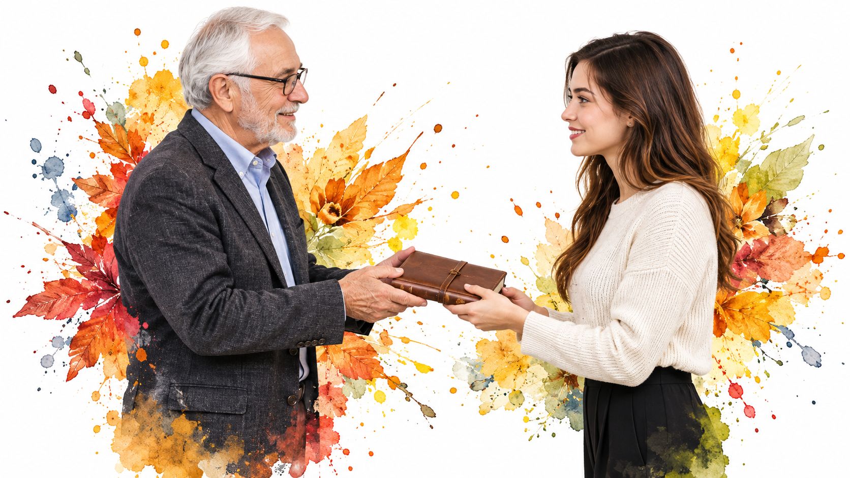 An elderly man handing a vintage leather-bound journal to a young smiling woman against autumn-themed background.