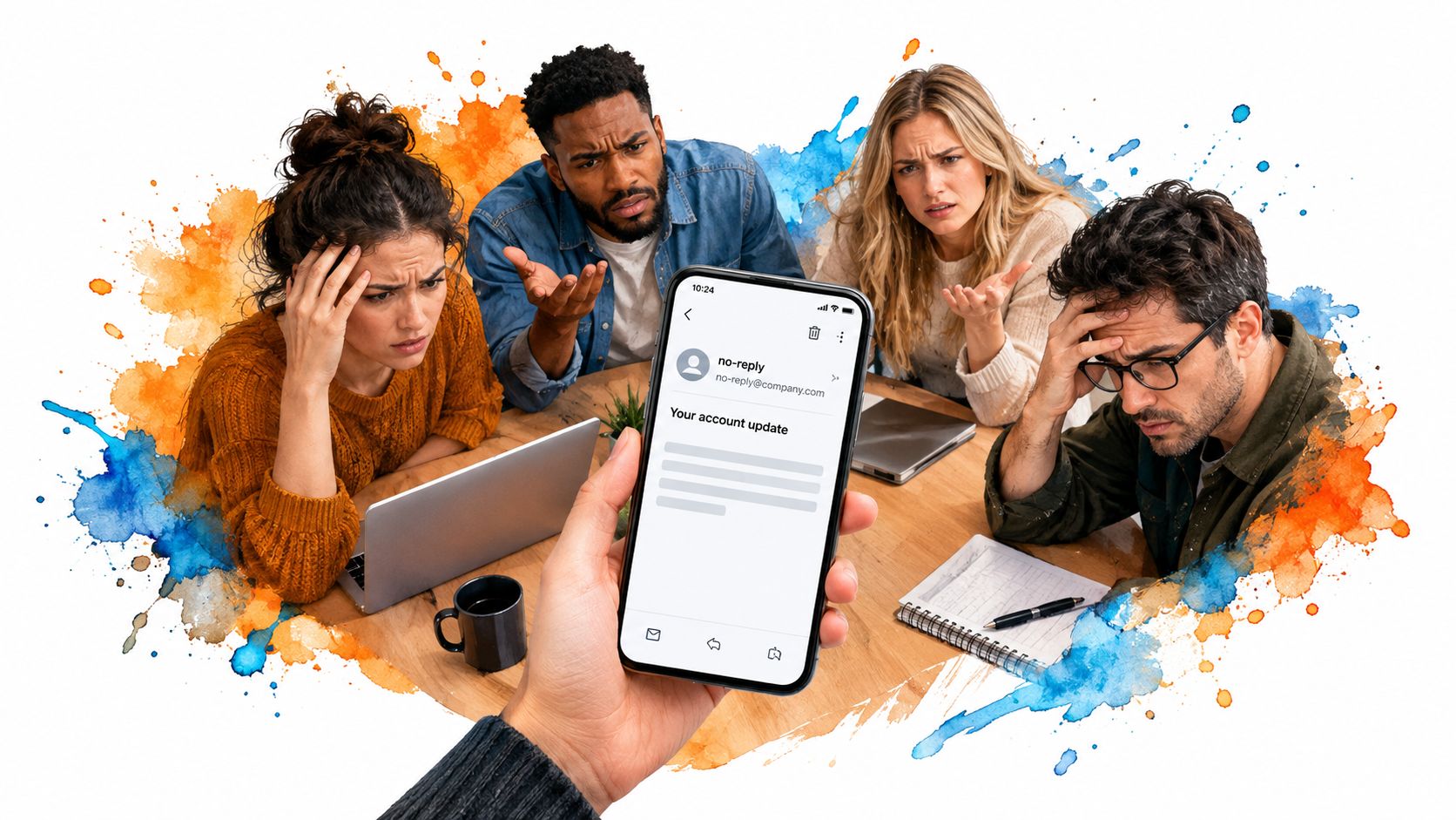 A team of stressed office workers looking at a no-reply email notification on a smartphone screen.