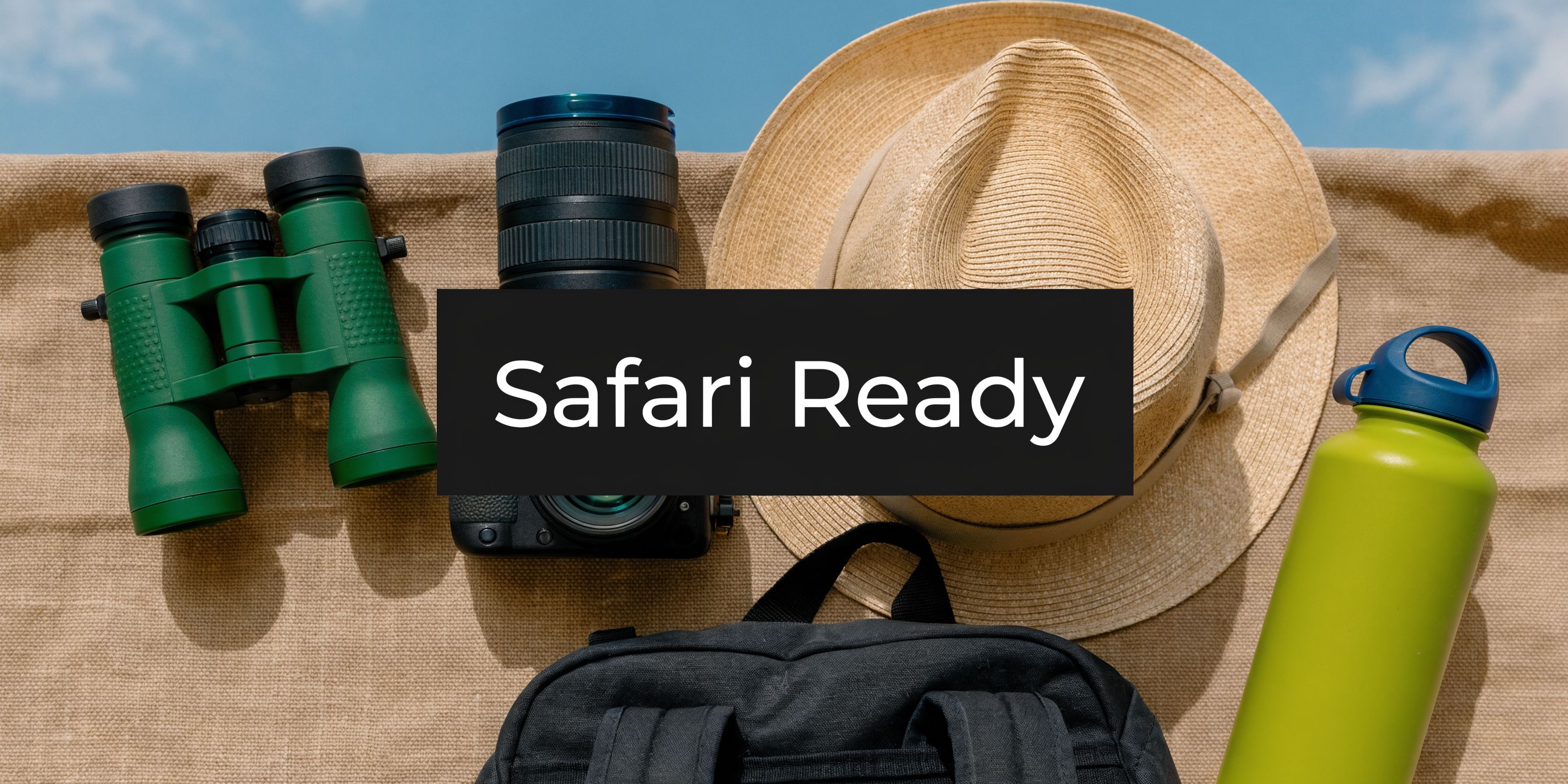 tsavo east national park safari safari gear An overhead view of safari essentials including binoculars, a camera, a sun hat, a backpack, and water bottle.