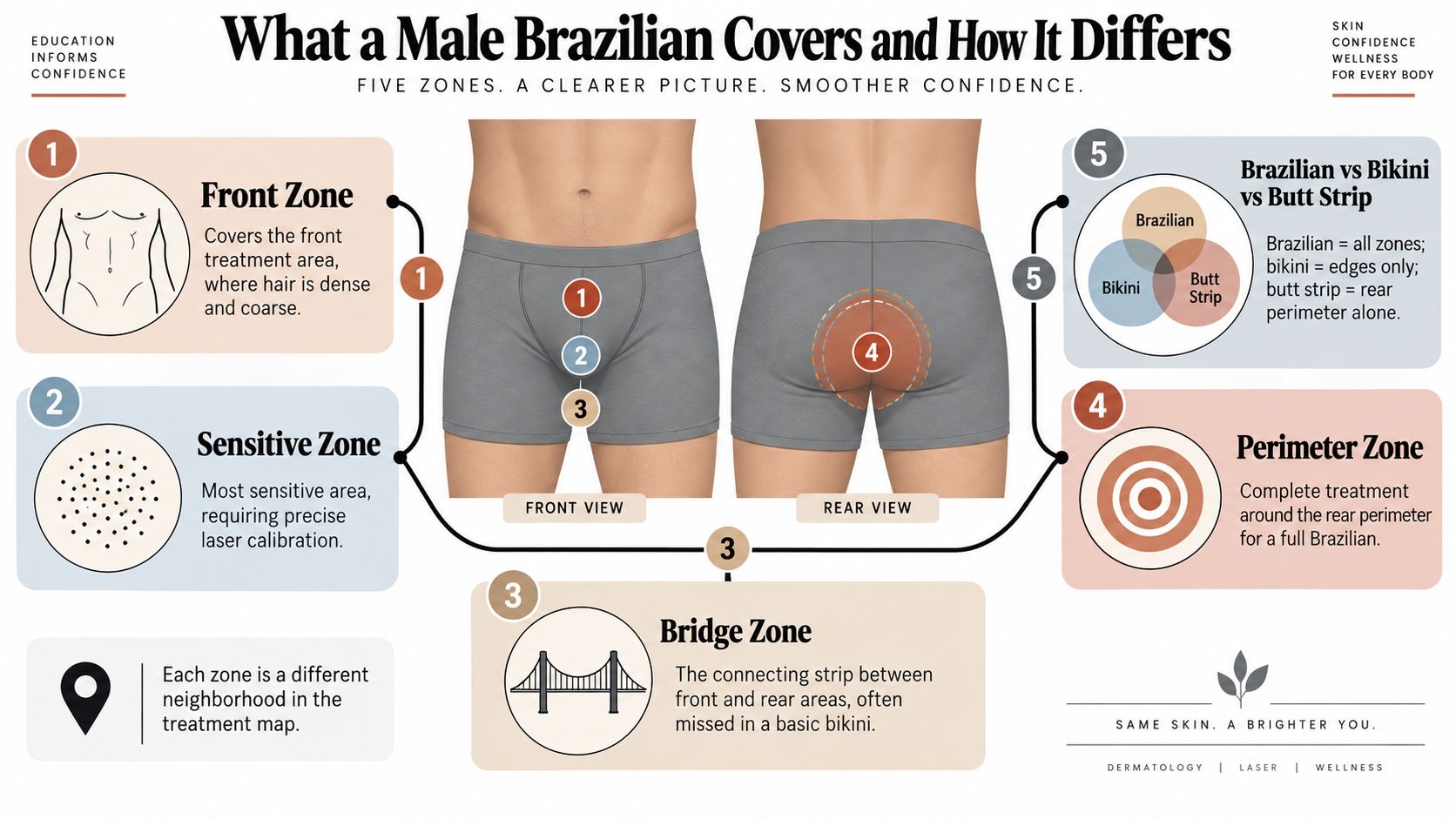 An educational infographic explaining the five zones of male Brazilian laser hair removal treatments.