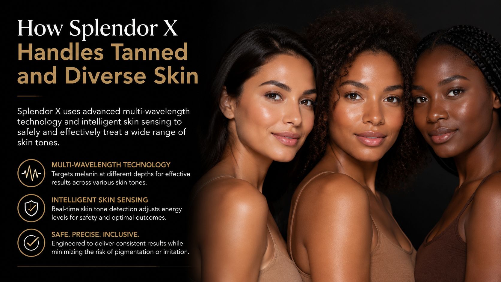 A diverse group of three women representing various skin tones to promote safe laser hair removal treatments.