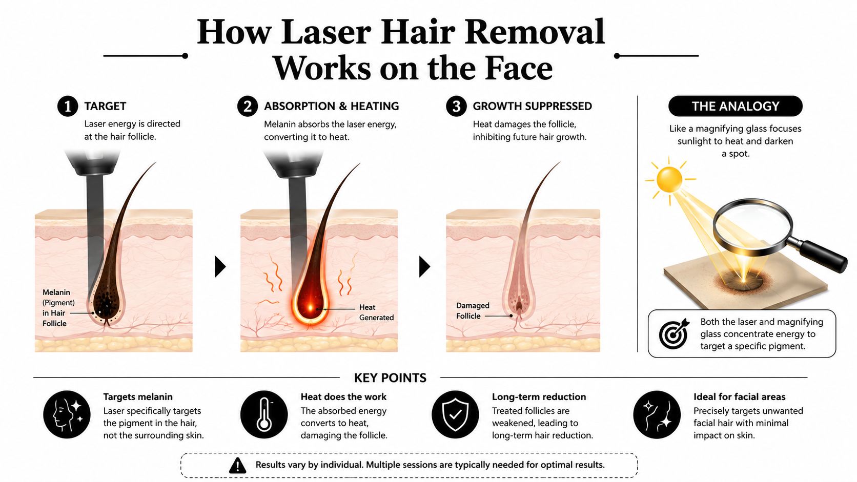 A diagram illustrating the three steps of how laser hair removal works on human facial skin.