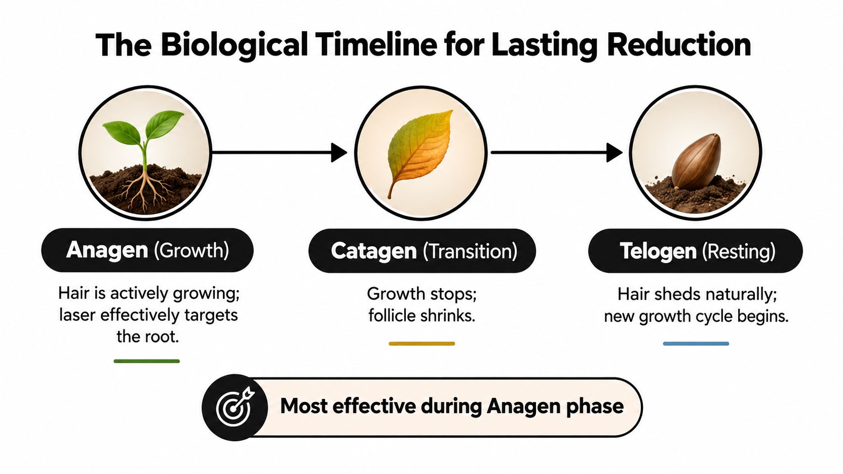 A diagram illustrating the three phases of hair growth: Anagen, Catagen, and Telogen for laser hair removal.