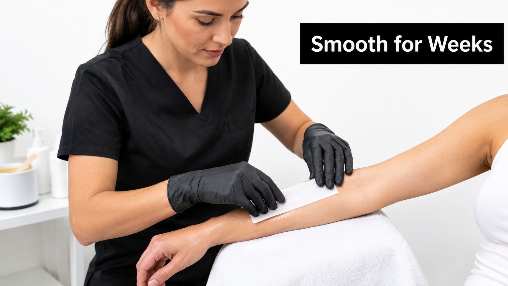 A professional esthetician in black gloves performing a waxing procedure on a woman's arm at a salon.