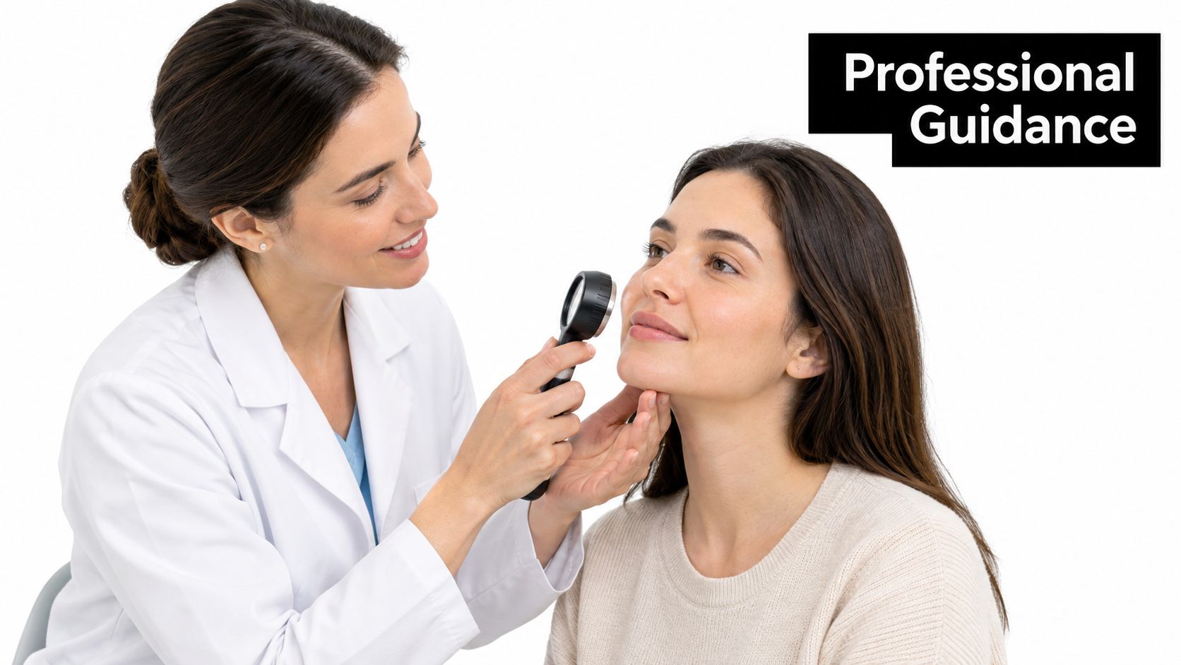 A dermatologist examines a patient's skin using a dermatoscope during a professional skincare consultation session.
