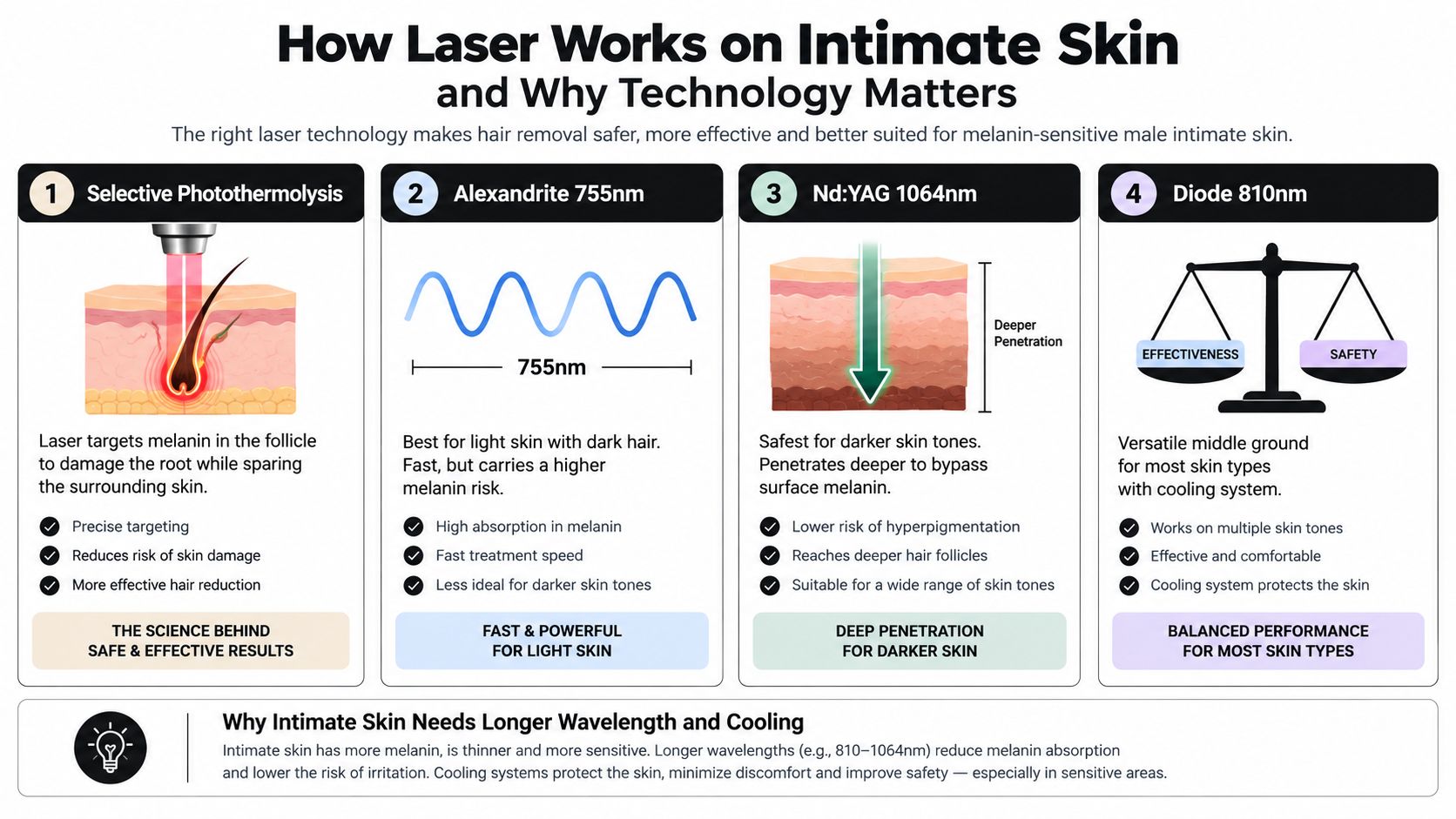 An infographic explaining how different laser technologies work for safe and effective intimate hair removal for men.