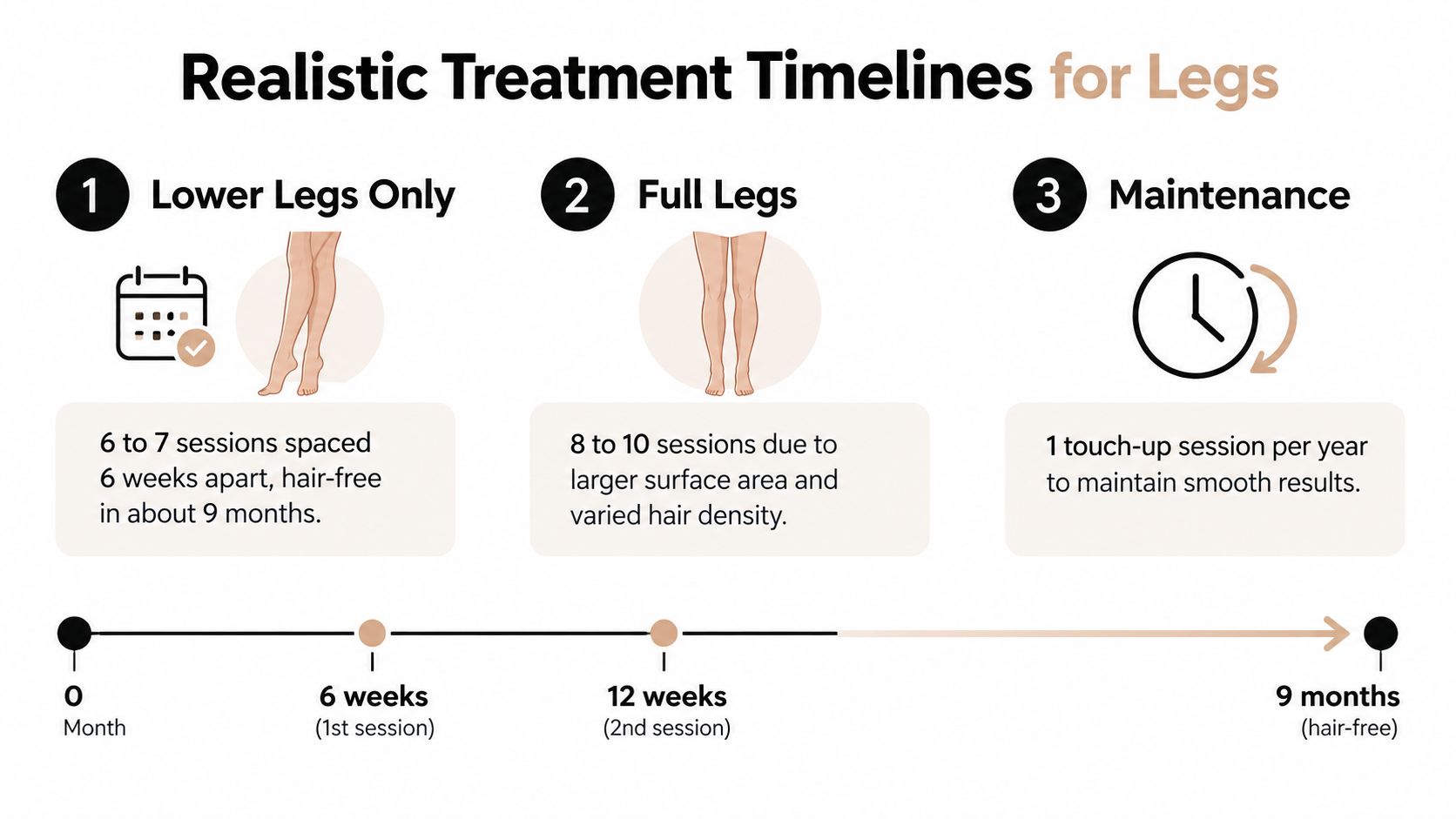 A graphic showing realistic treatment timelines for laser hair removal on lower legs and full legs.